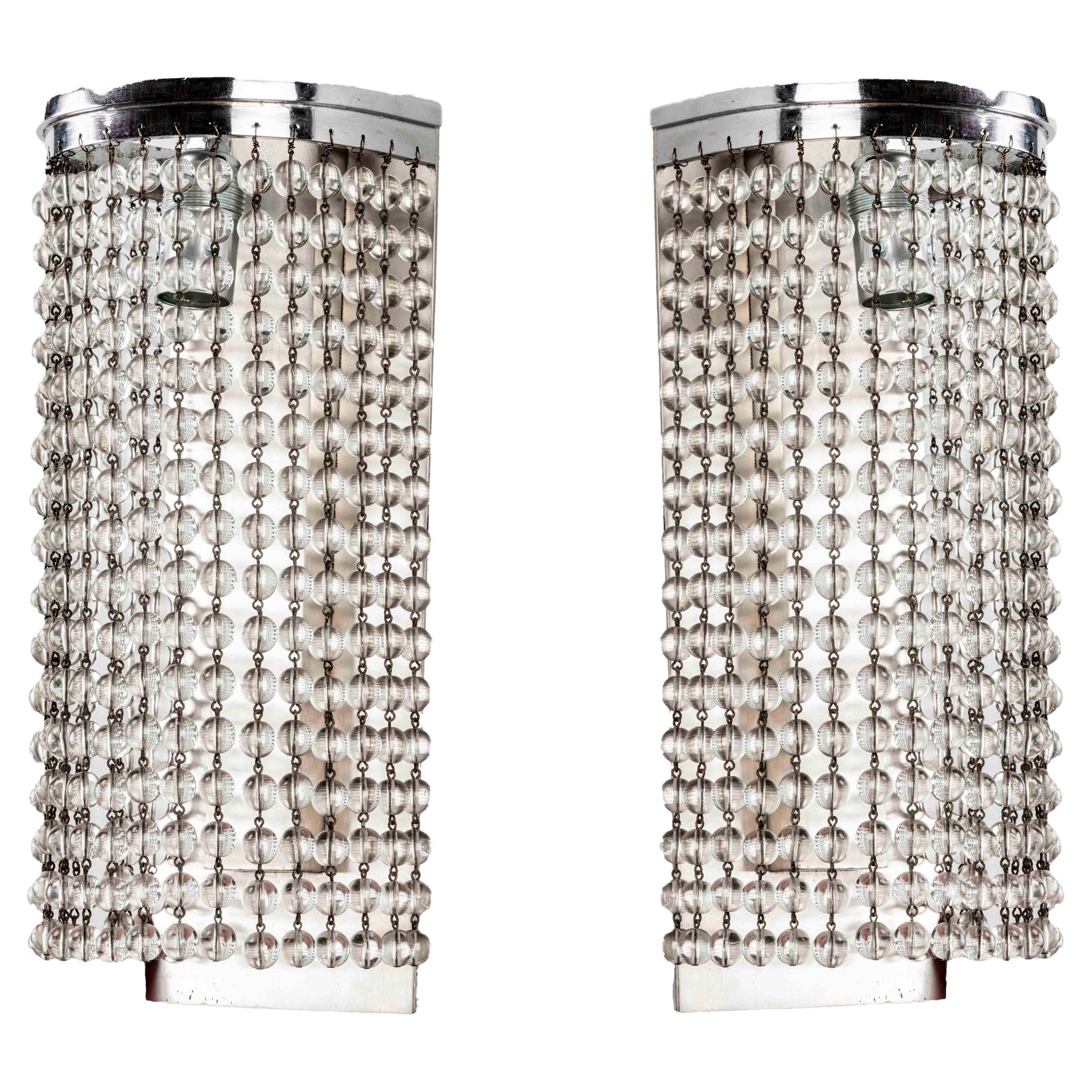 Simonet (attributed to), Pair of Cascade Art Deco Sconces, Row of Glass Pearls For Sale