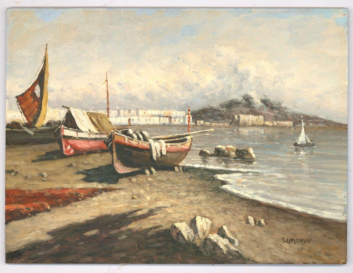 Simonin - French School 20th Century Oil, Boats in the Bay For Sale 3