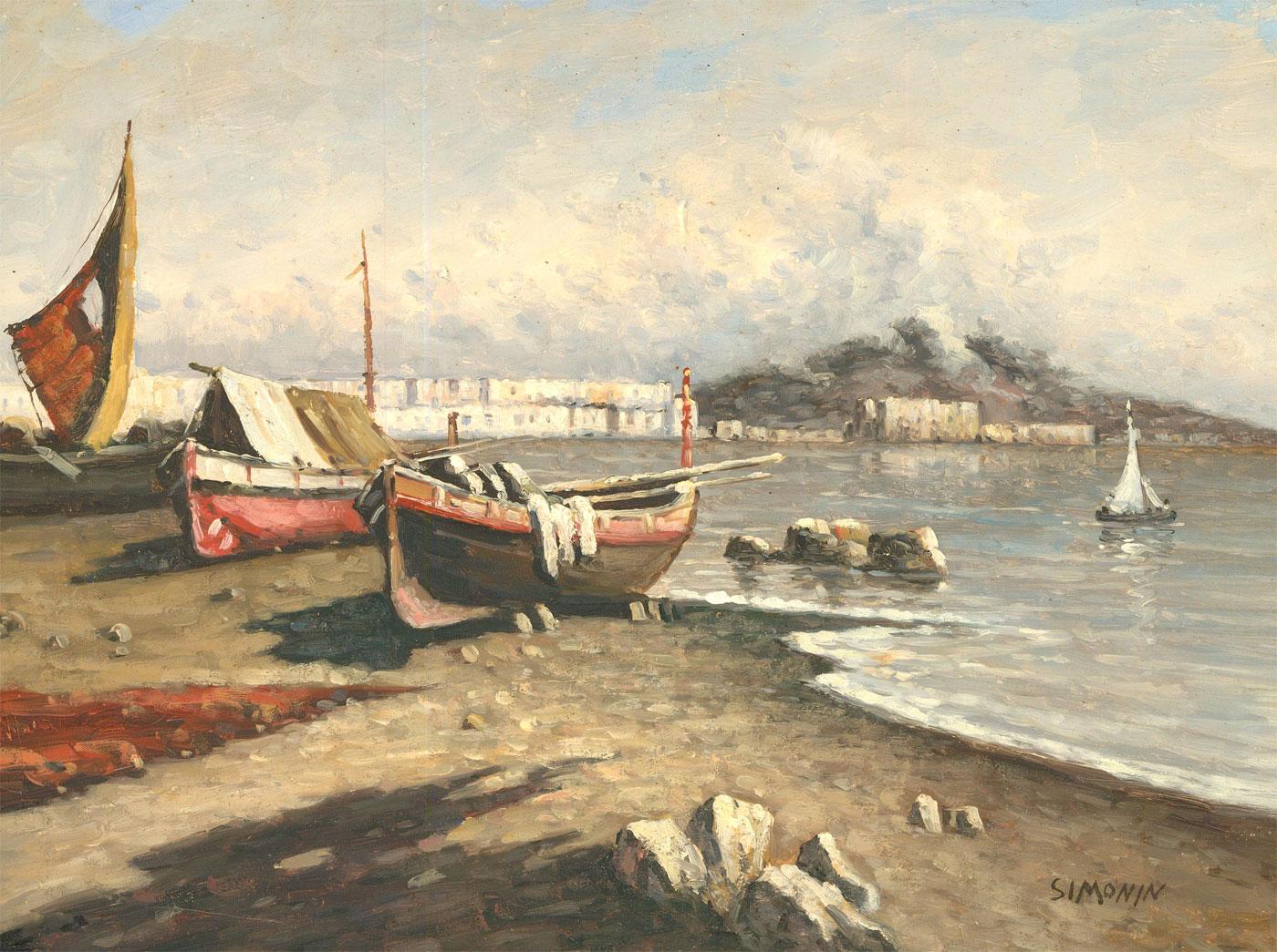 A delightful depiction of a coastal town with beached boats on wooden blocks along the shore. The artist has captured the scene in a soft impressionistic palette with light and shadow rippling across the sea water and shingle shoreline. The painting