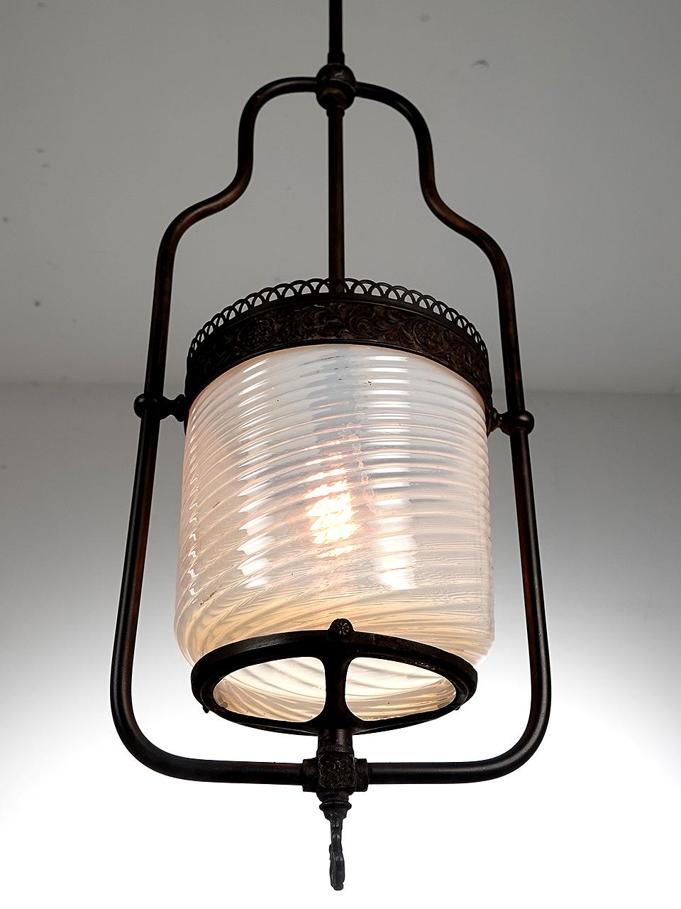 Victorian Simple 1800s Gas Pendent With Art Glass Shade For Sale