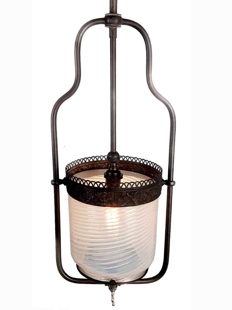 American Simple 1800s Gas Pendent With Art Glass Shade For Sale