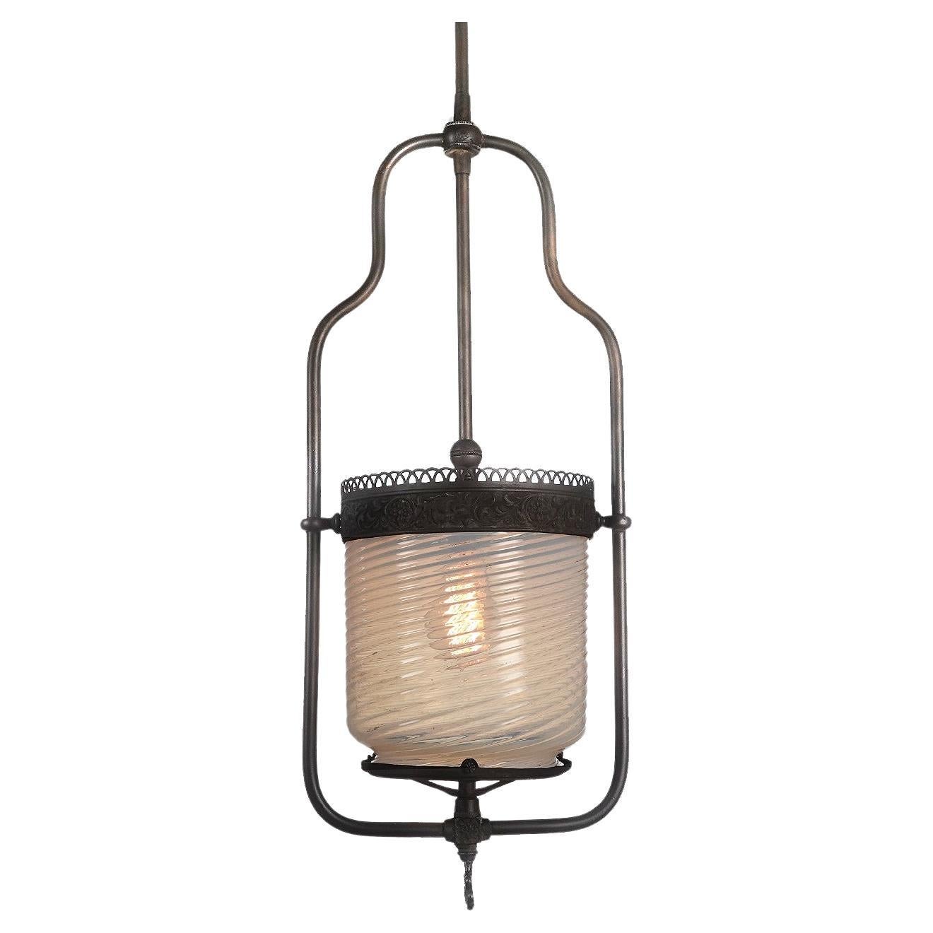 Simple 1800s Gas Pendent With Art Glass Shade For Sale