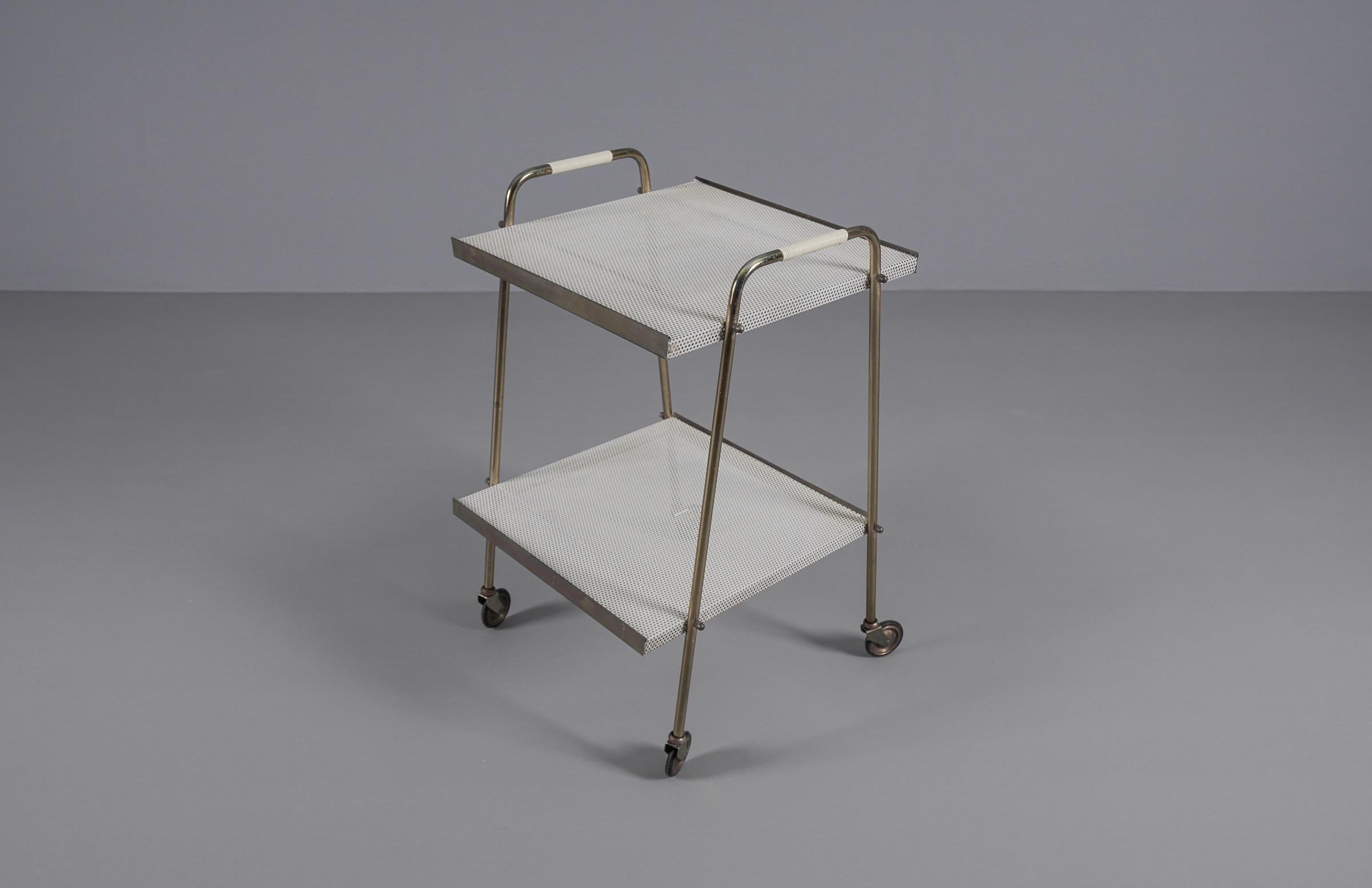 Simple and elegant brass and perforated metal bar cart in the manner of Mathieu  2
