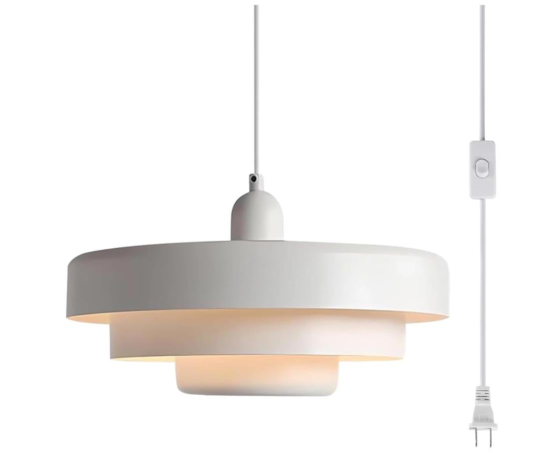 White Nordic industrial style tiered pendant light, suitable for all modern designs.
Elevate your space with this vintage plug in pendant light, featuring a metal iron lamp body with a creative 3-layer appearance design. This mid century modern
