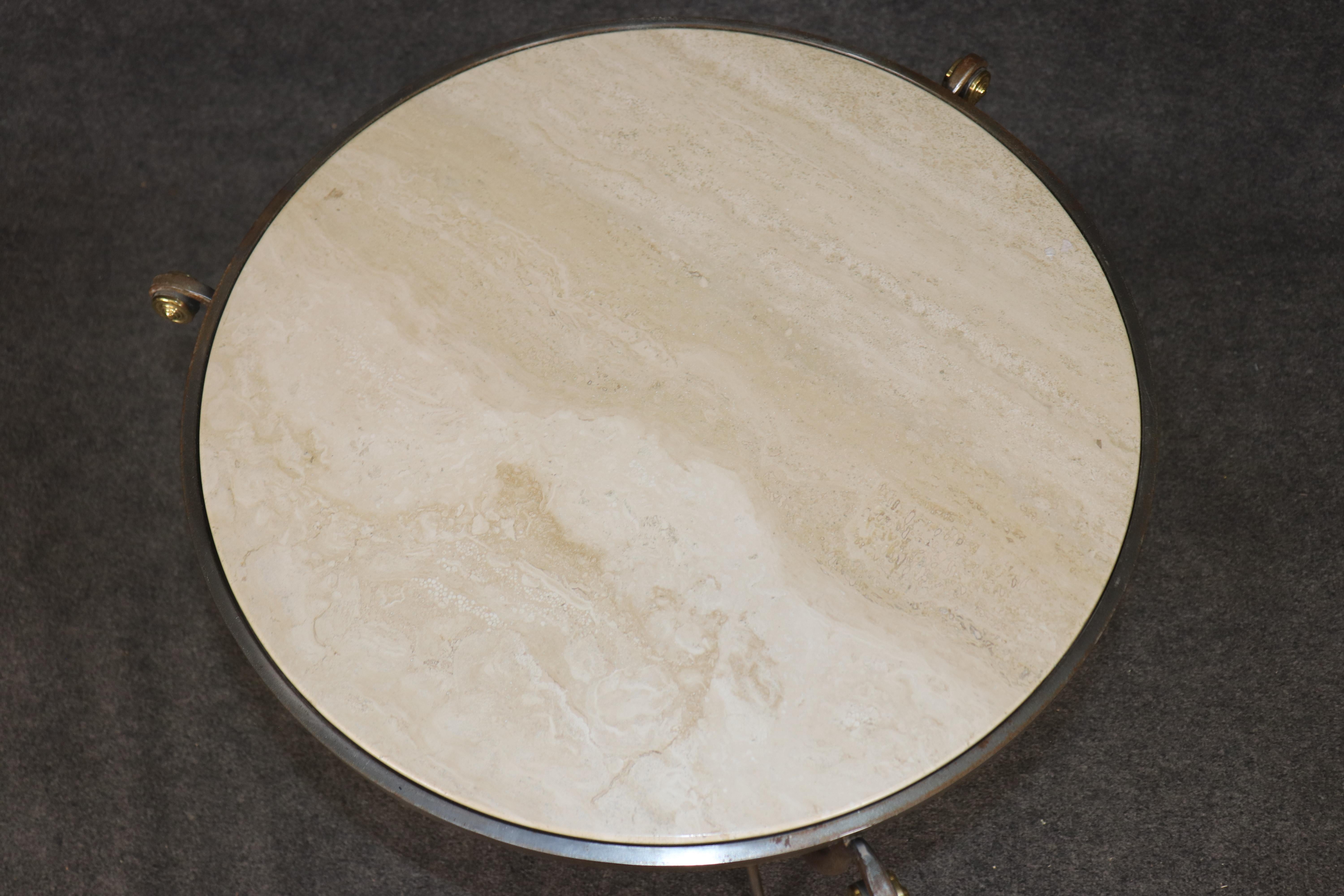 Directoire Simple and Sophisticated French Travertine Marble Metal and Brass Gueridon Table For Sale