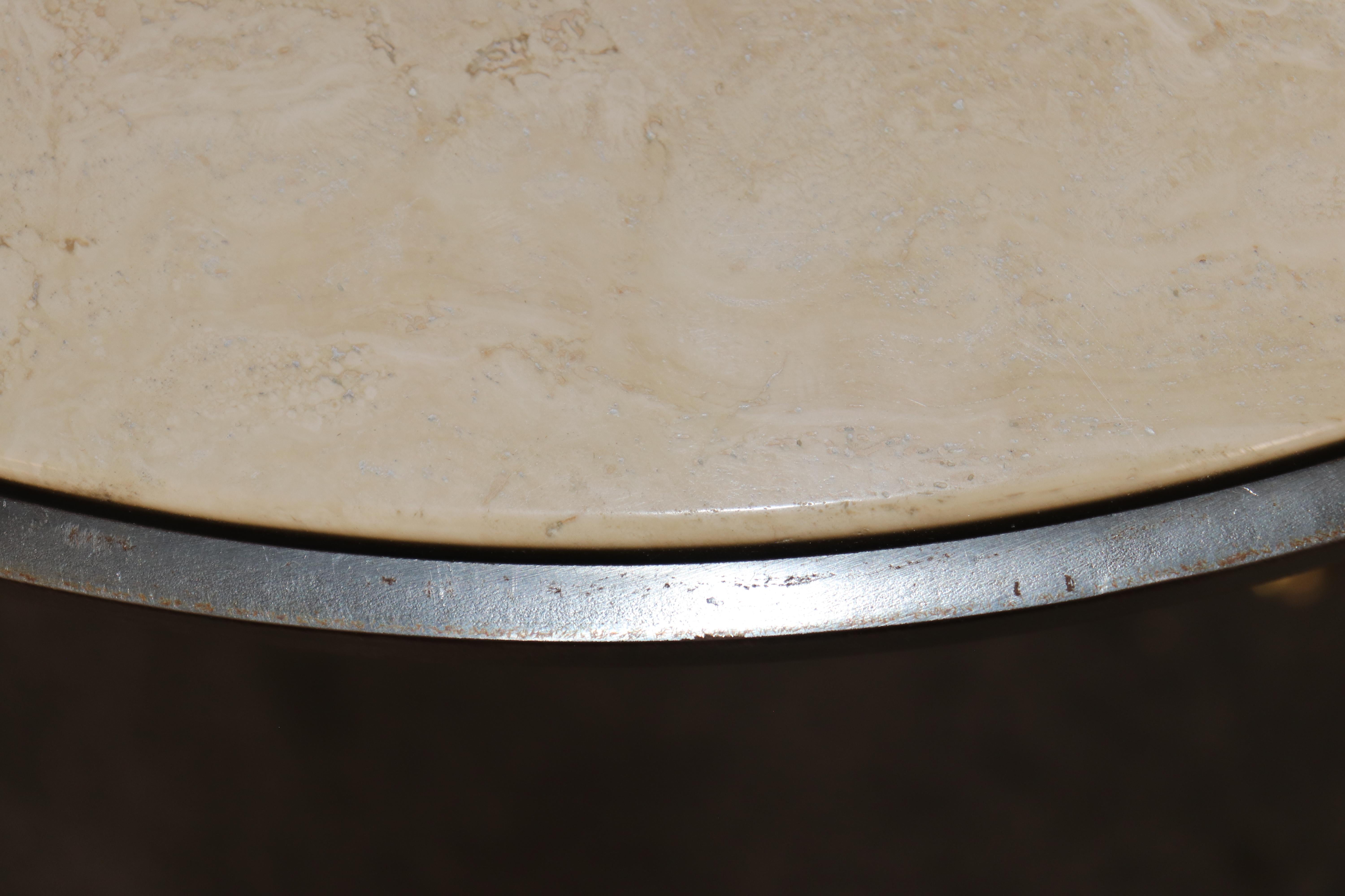 Simple and Sophisticated French Travertine Marble Metal and Brass Gueridon Table For Sale 3