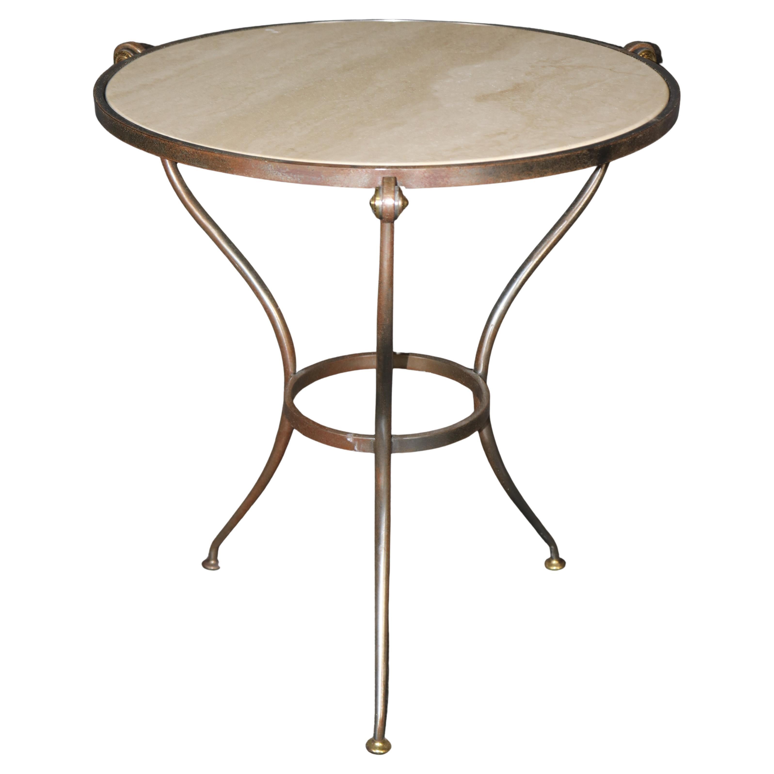 Simple and Sophisticated French Travertine Marble Metal and Brass Gueridon Table For Sale
