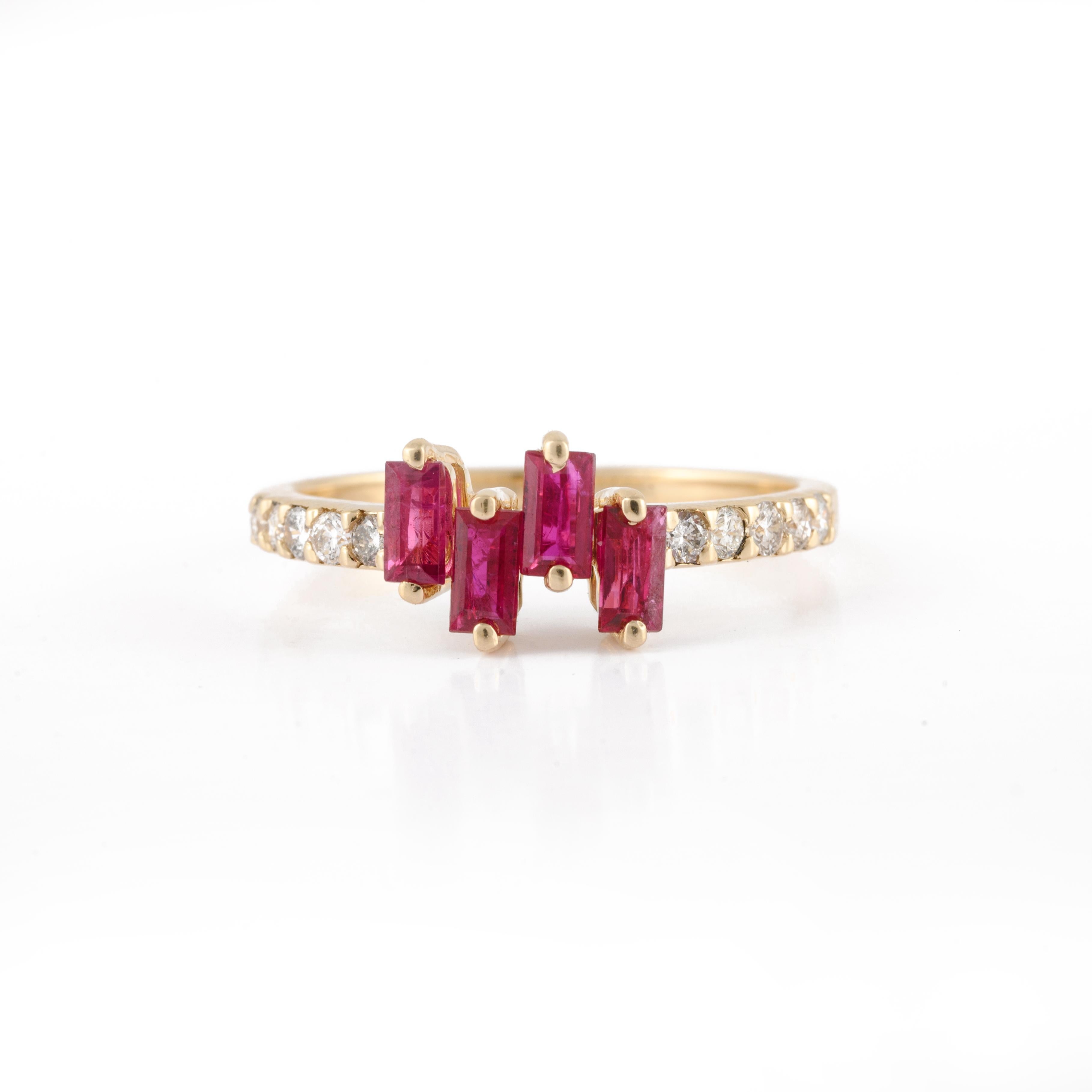 En vente :  Bague Baguette Rubis Diamant Cadeau pour Elle en Or Jaune 14k massif 4