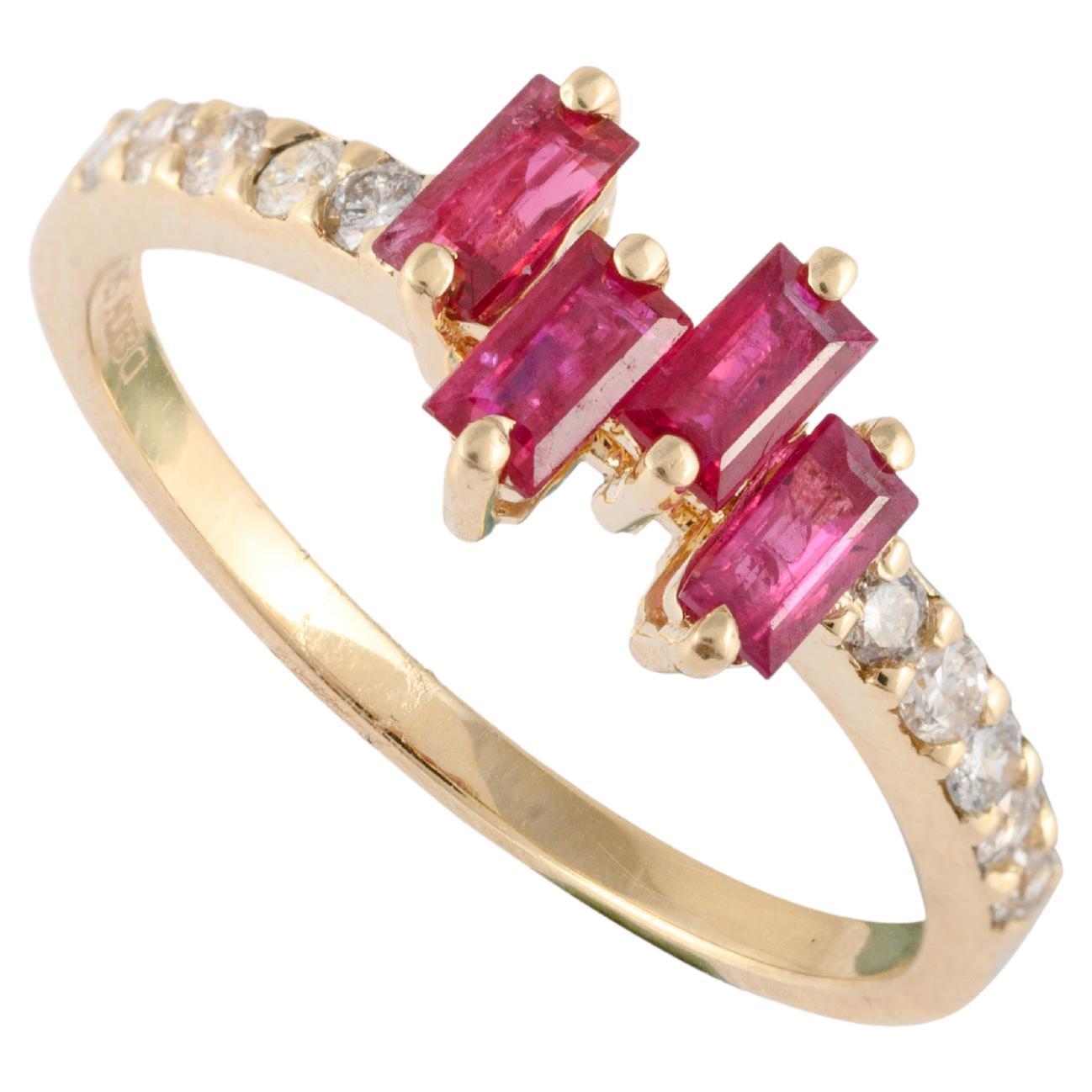 En vente :  Bague Baguette Rubis Diamant Cadeau pour Elle en Or Jaune 14k massif