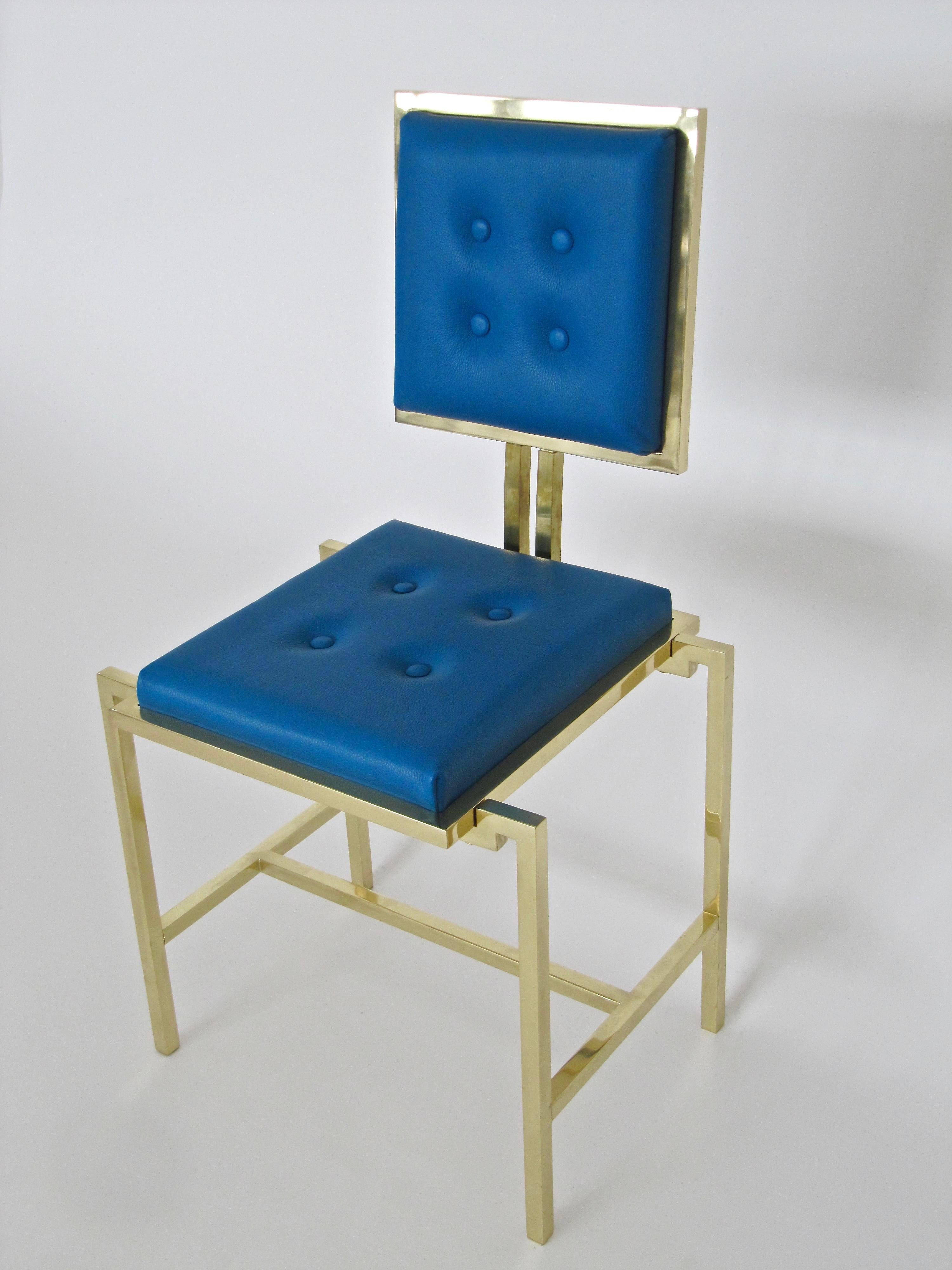 Other Simple Blue Chair in Brass and Leather, Made in Italy For Sale