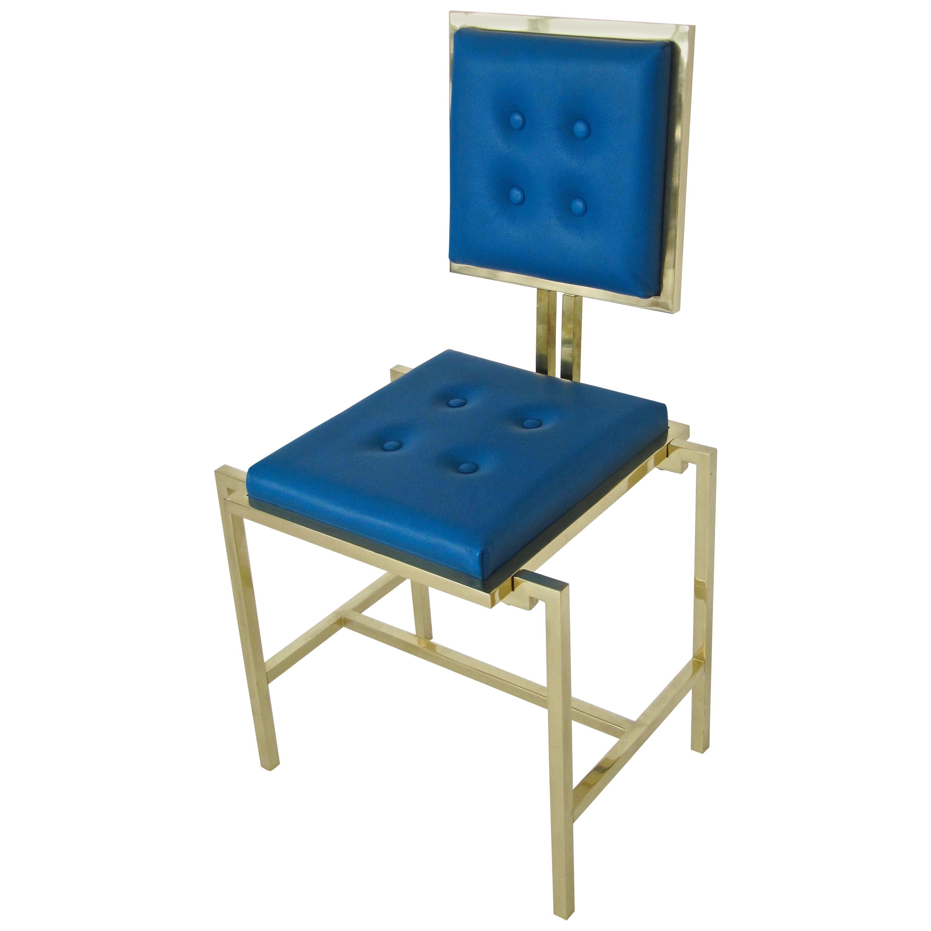 Simple Blue Chair in Brass and Leather, Made in Italy im Angebot