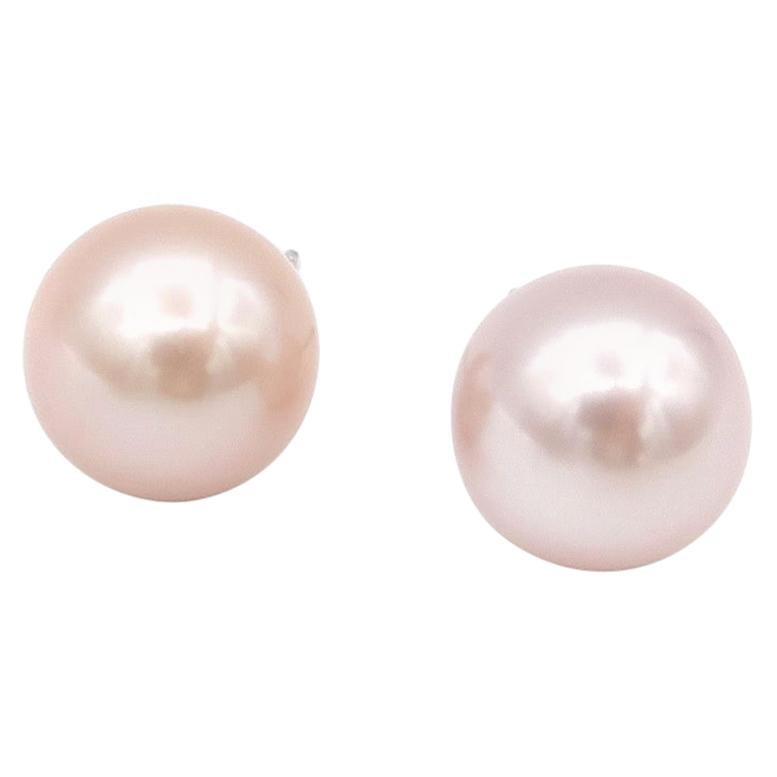 Unusually Large Simple Blush Pink Round Cultured Pearl Studs in 18 Karat Gold For Sale