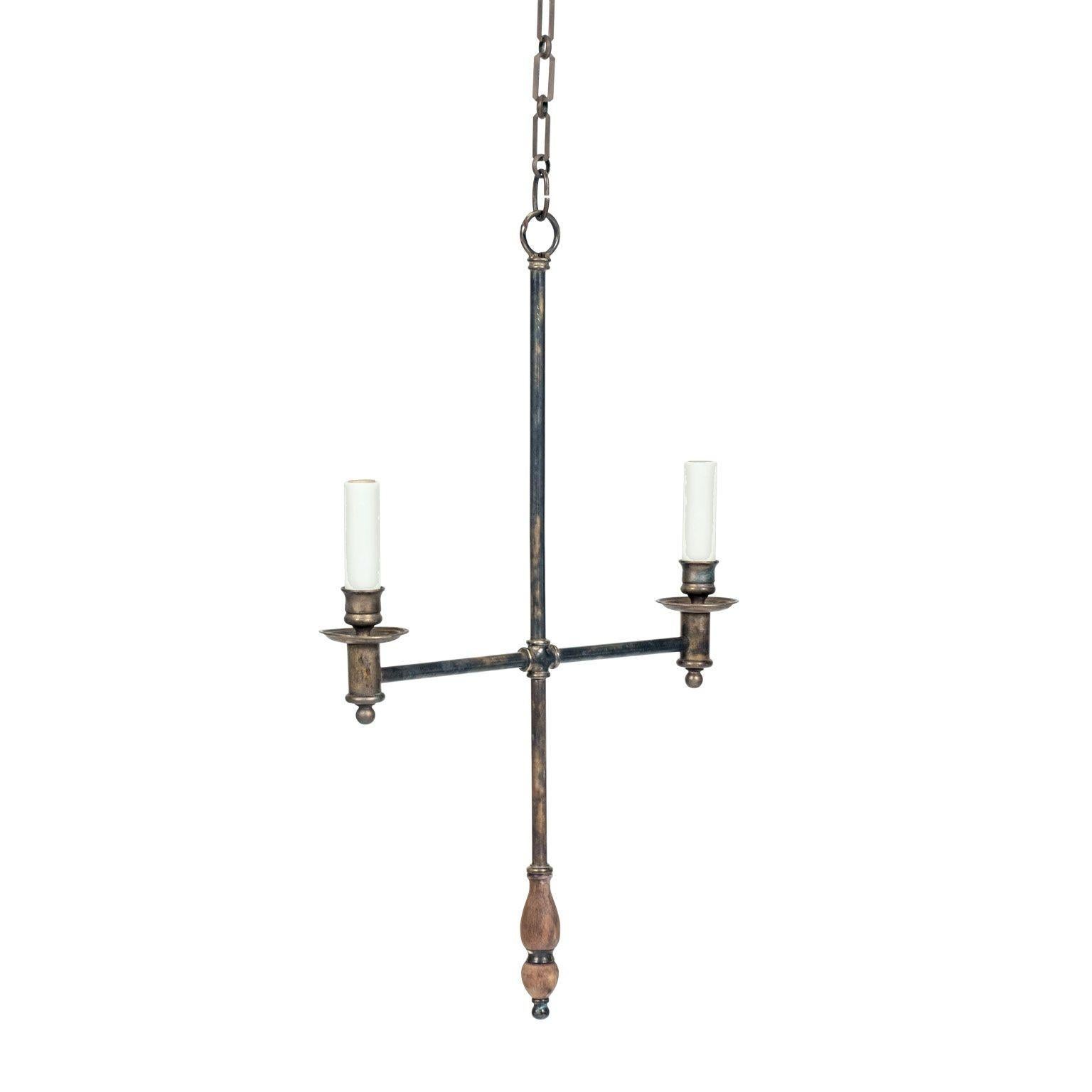 Simple Brass Two-Light Chandelier Pendant In Good Condition In Houston, TX