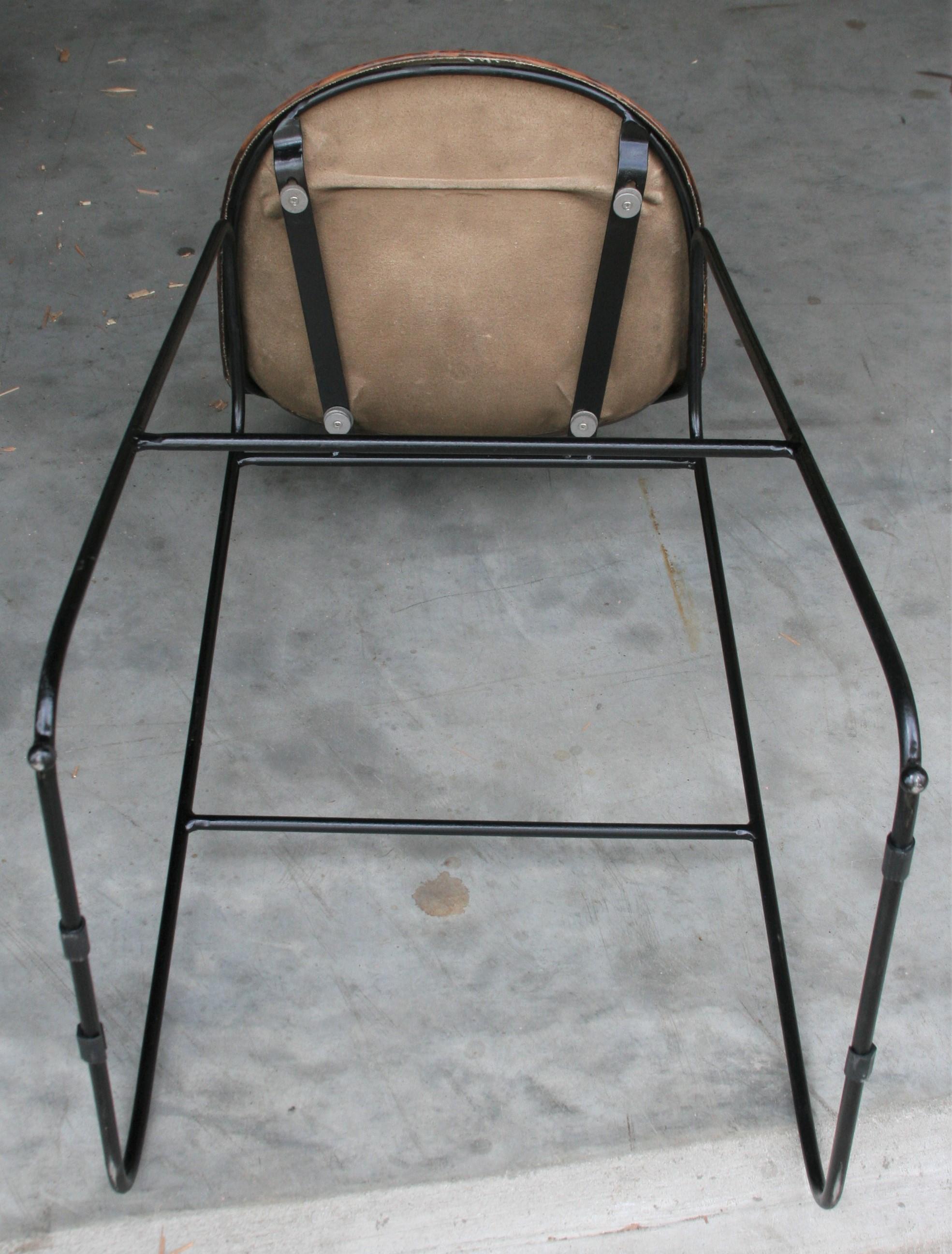 Hand-Crafted Simple but Elegant Hand Stitched Leather and Solid Steel Bar Chair For Sale