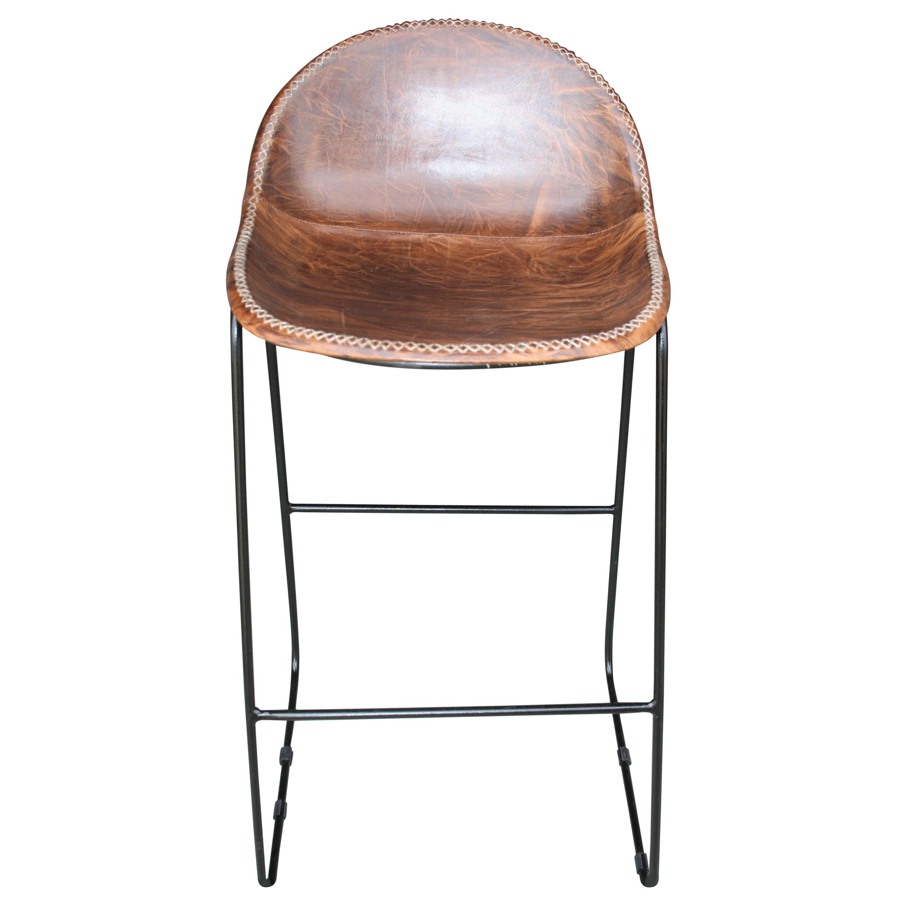 Simple but Elegant Hand Stitched Leather and Solid Steel Bar Chair For Sale