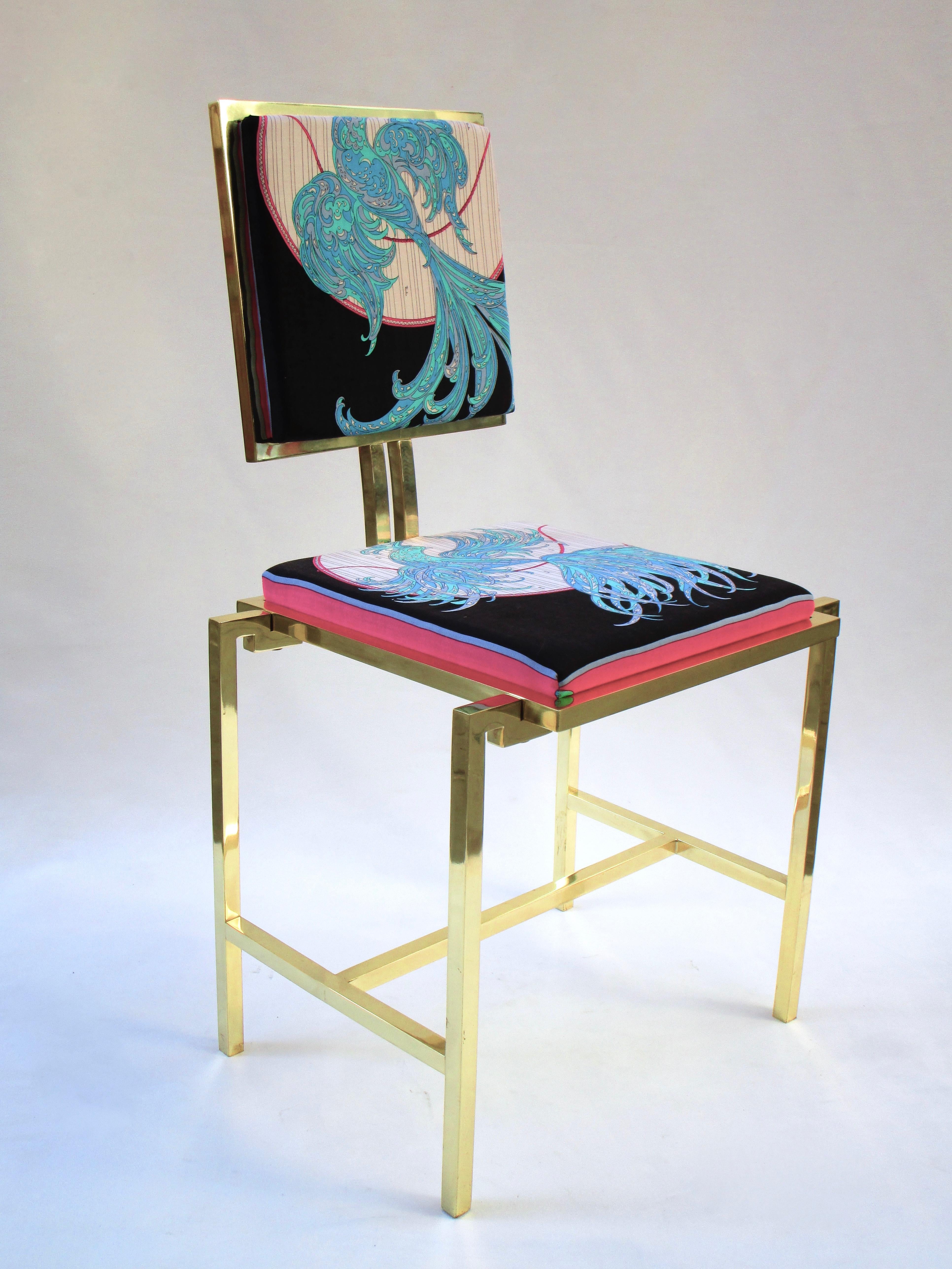 Simple chair by Nicola Falcone.

Limited Edition with Emilio Pucci Fabric from the Archive, 1969.

A simple yet elegant chair with solid lines framed with gold painted brass. For sophisticated or simple contemporary setting. 

Measures: 45 cm