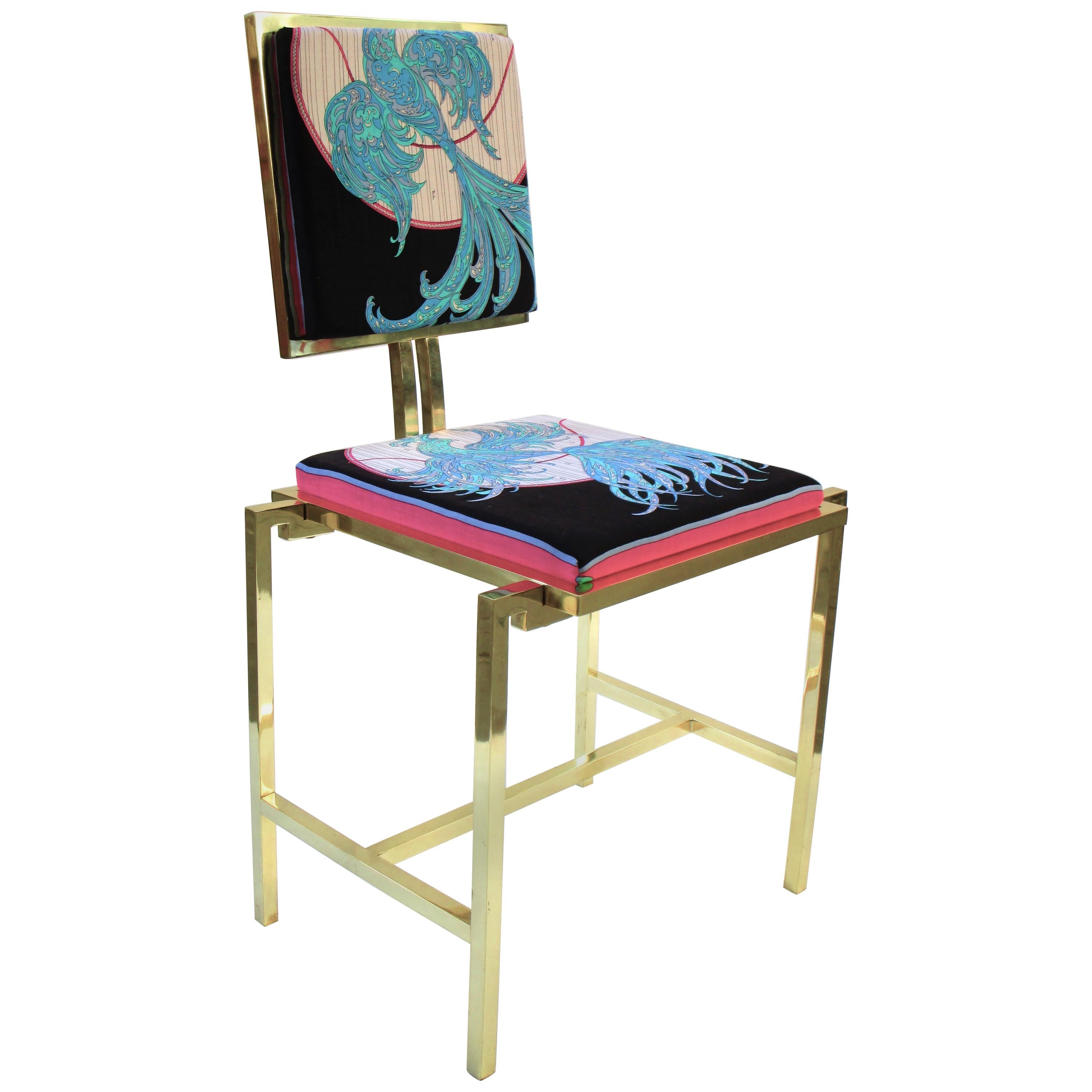 Simple Chair with Emilio Pucci Fabric and Brass, Made in Italy For Sale