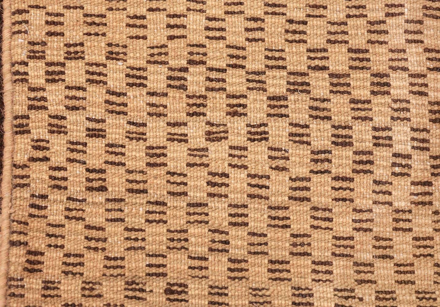 Mid-Century Modern Simple Cream and Brown Vintage Moroccan Runner Rug