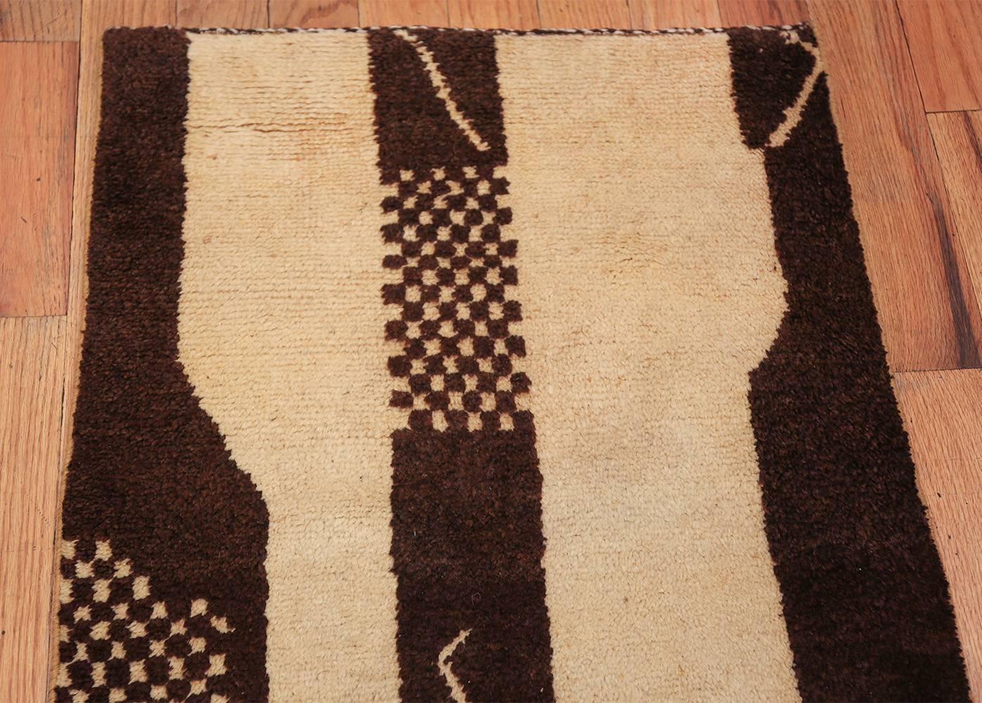 Hand-Woven Simple Cream and Brown Vintage Moroccan Runner Rug