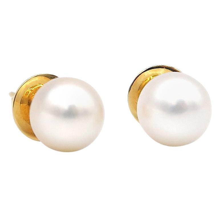Simple Cream Freshwater Pearl Studs in 18 Karat Gold For Sale