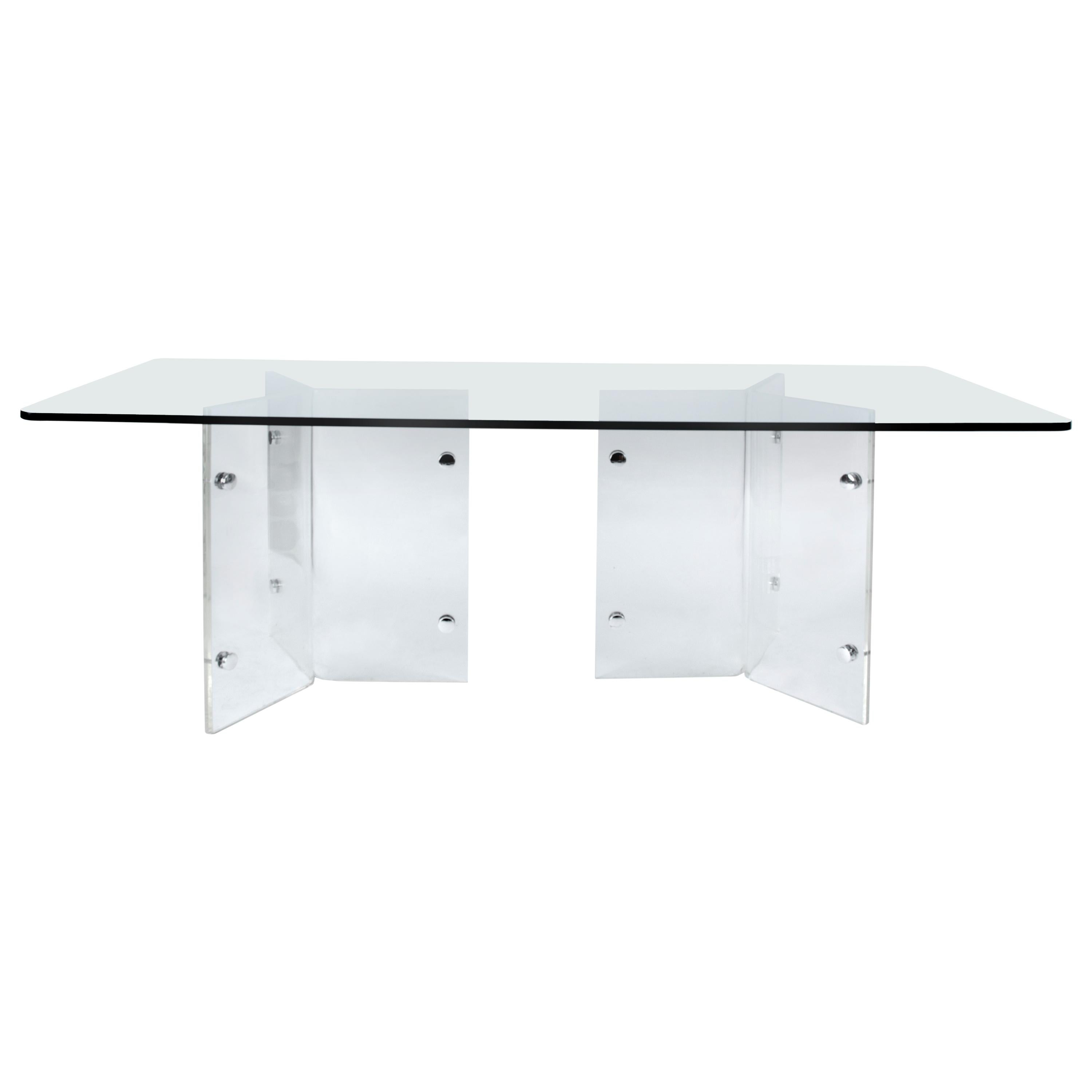 Simple Elegant Acrylic Lucite Base Glass Top Dining Table or Writing Desk