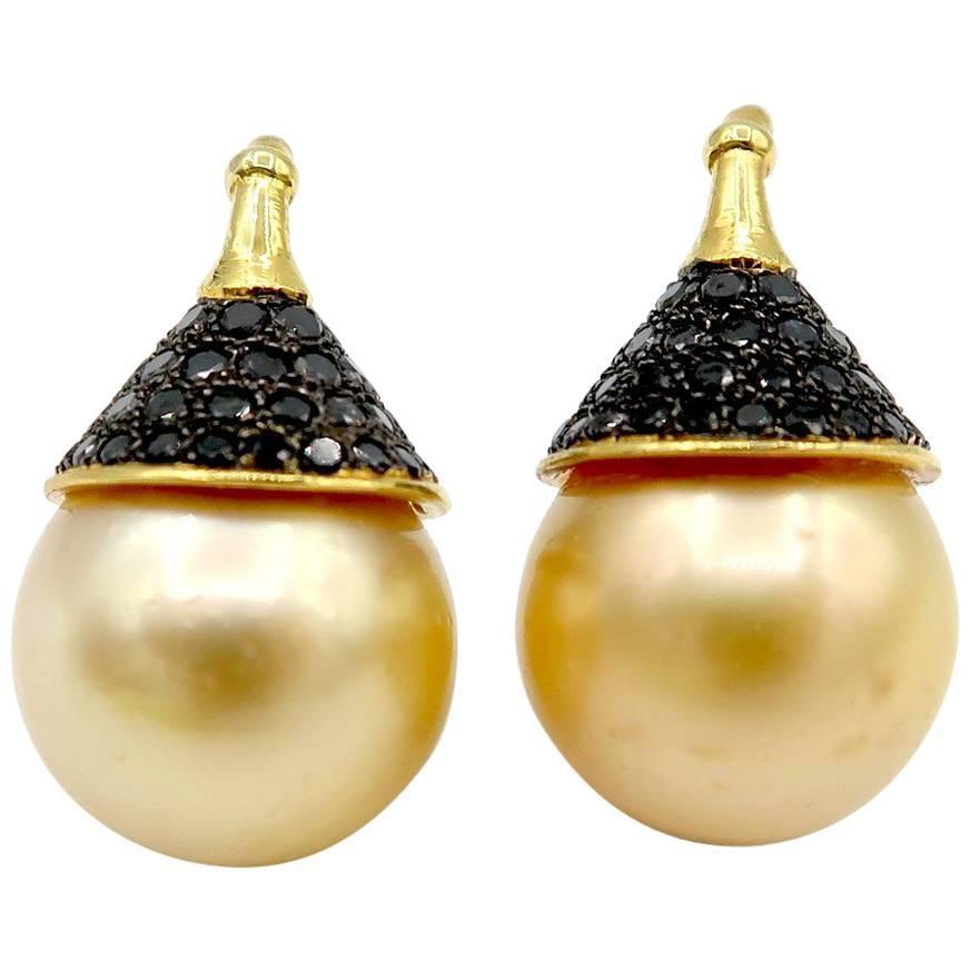 Simple Golden Gold South Sea Pearl Black Diamond Cap Pierced Drop Earrings For Sale
