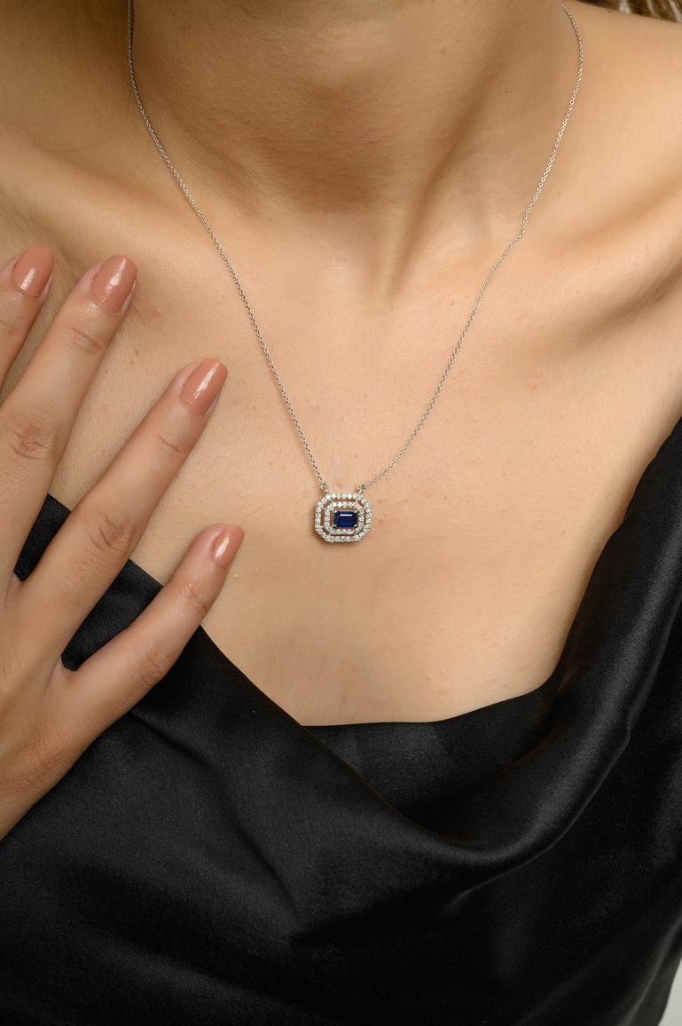 Halo Diamond Sapphire Pendant Necklace with Chain in 14K Gold studded with octagon cut blue sapphire and round cut diamonds. This stunning piece of jewelry instantly elevates a casual look or dressy outfit. 
Sapphire stimulates concentration and