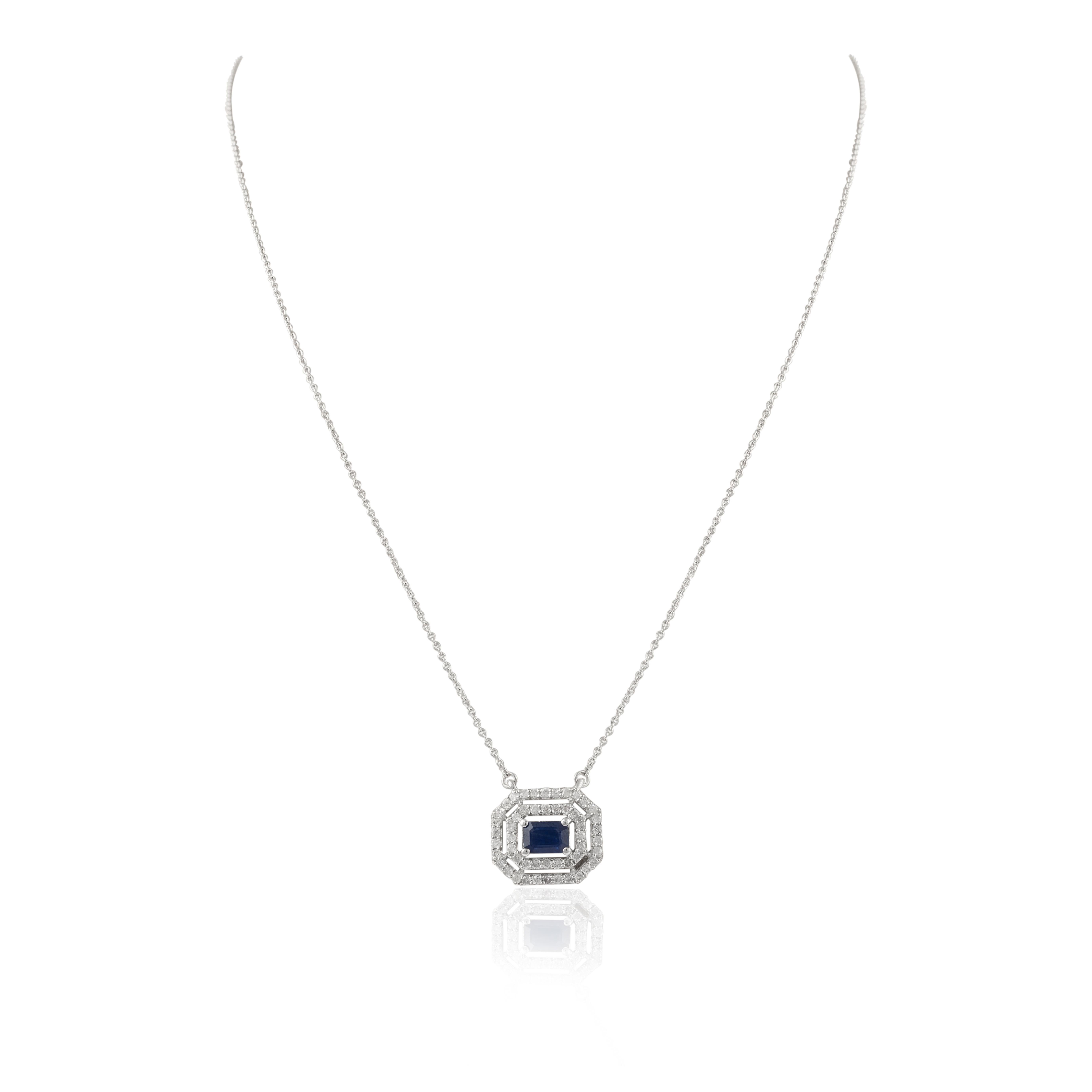 Art Deco Simple Halo Diamond Sapphire Pendant Necklace 14k Solid White Gold, Sister Gift For Sale