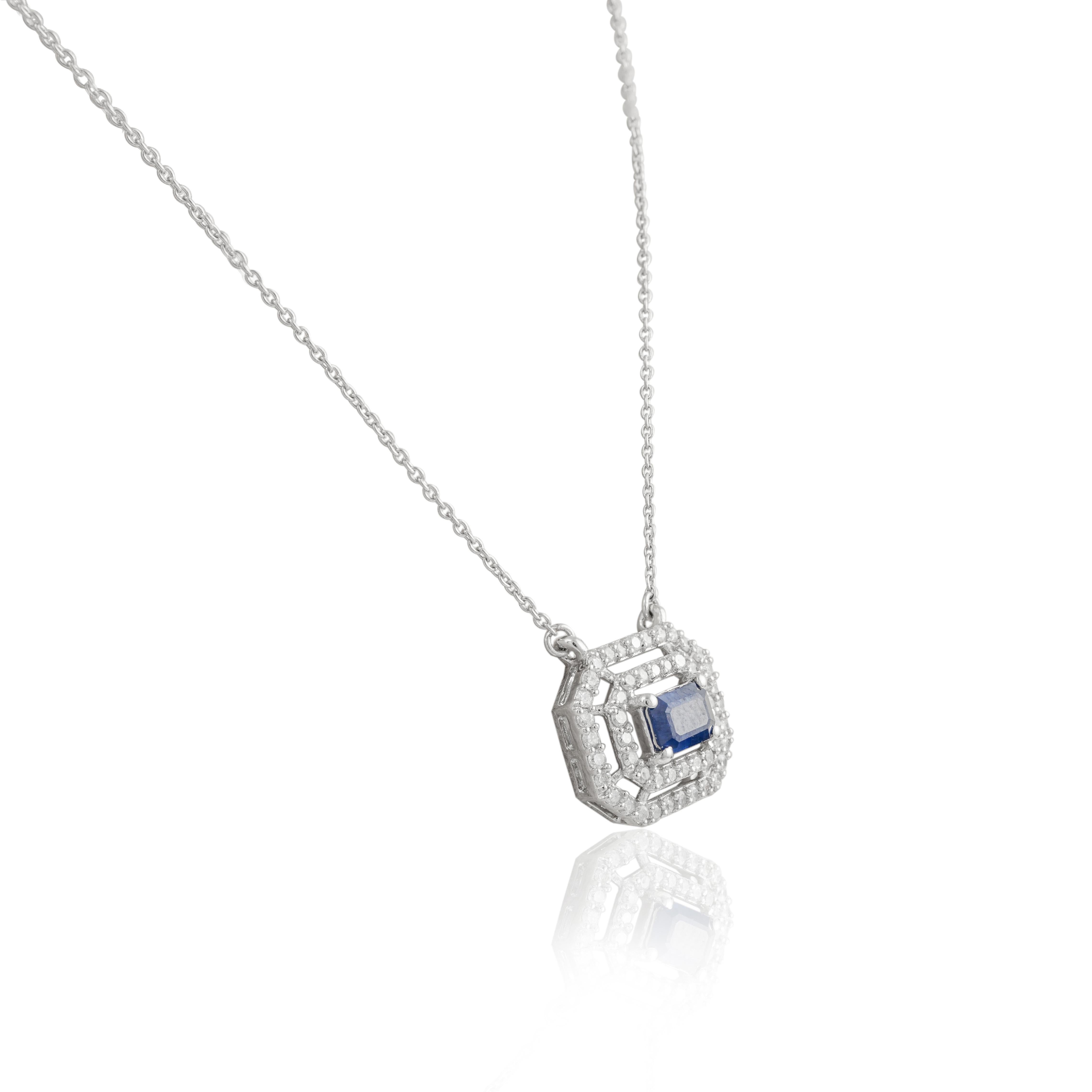 Simple Halo Diamond Sapphire Pendant Necklace 14k Solid White Gold, Sister Gift In New Condition For Sale In Houston, TX