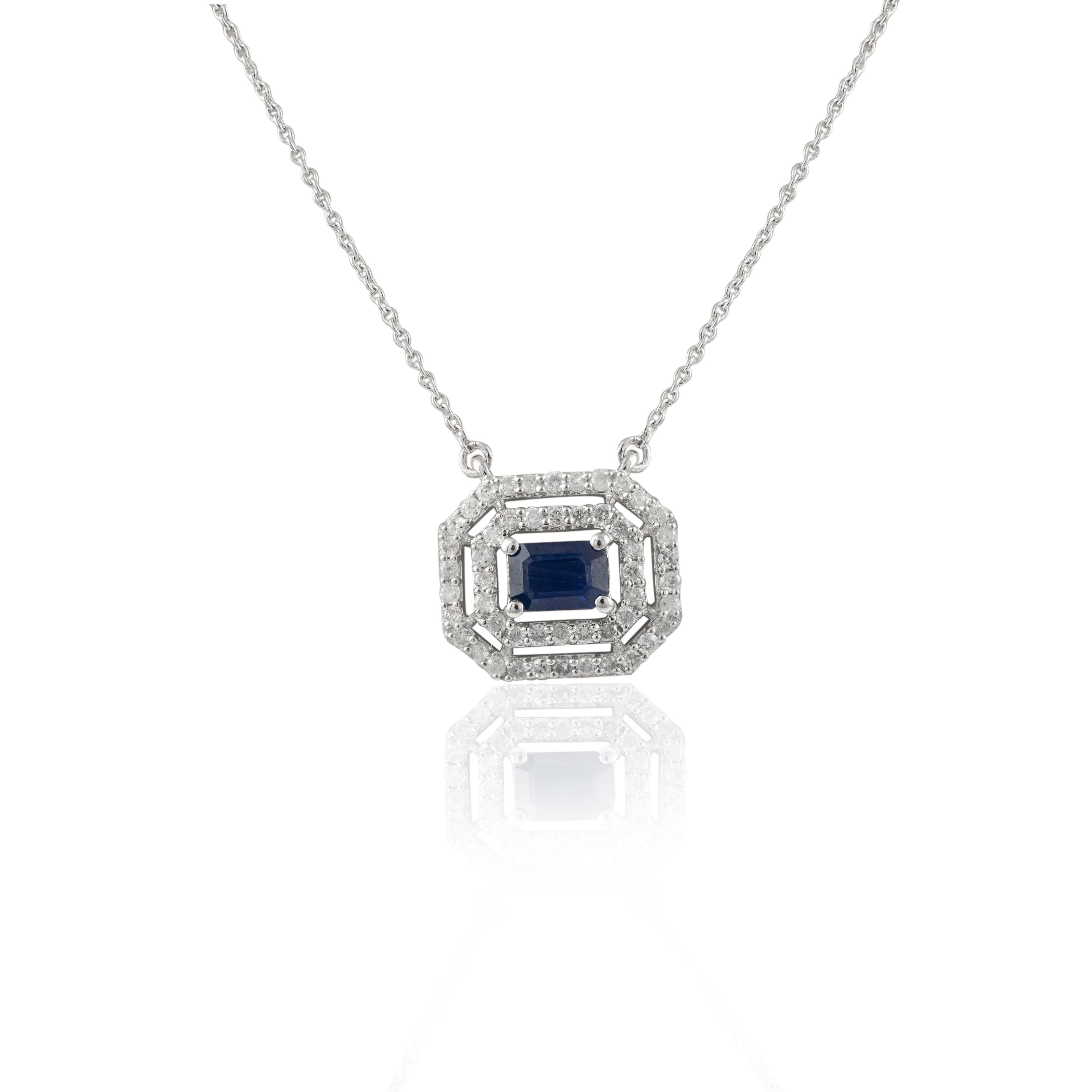 Simple Halo Diamond Sapphire Pendant Necklace 14k Solid White Gold, Sister Gift For Sale 1