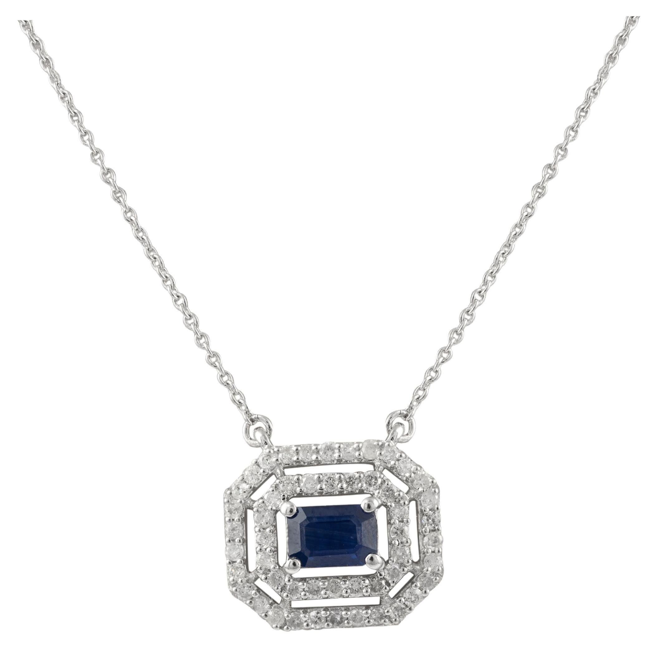 Simple Halo Diamond Sapphire Pendant Necklace 14k Solid White Gold, Sister Gift For Sale
