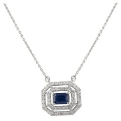 Collier pendentif simple halo de diamants et saphirs en or blanc massif 14 carats, cadeau de sœur