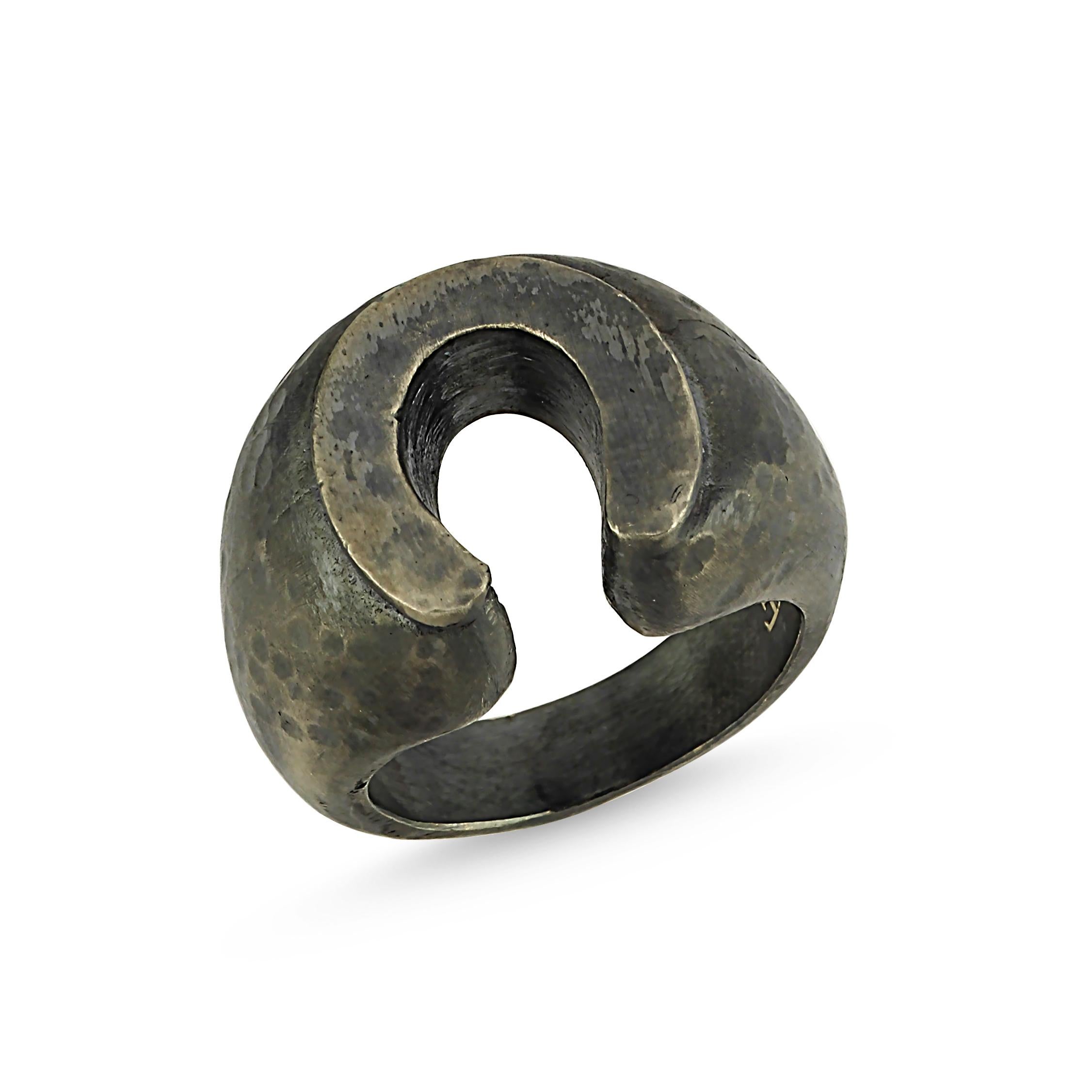 Women's or Men's Handmade Horseshoe Little Hammered Oxidised Silver Luck Ring For Sale