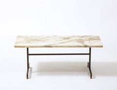 Simple Modernist Duplantier Style Marble & Brass End Table, France 1950's