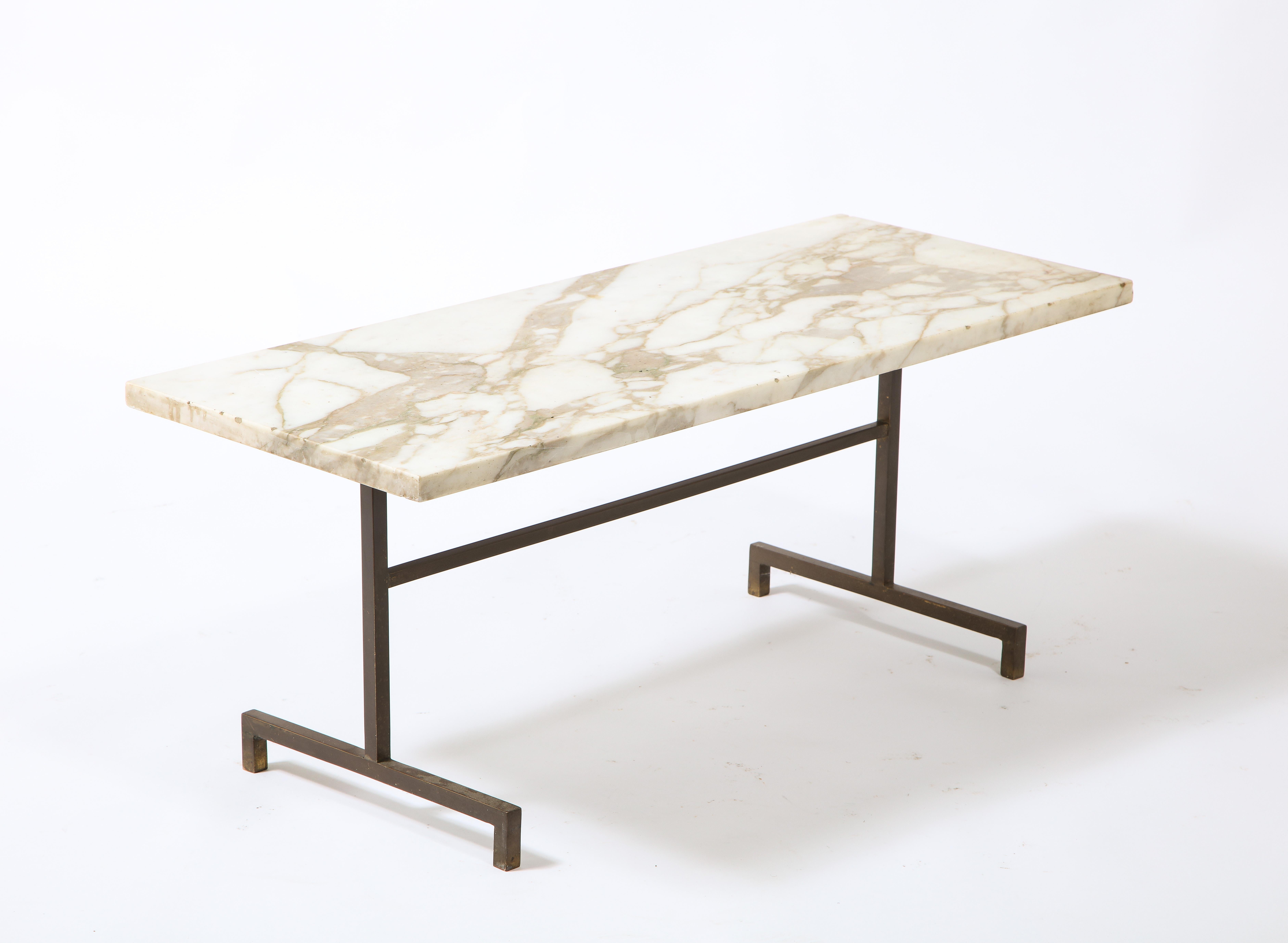 Simple Modernist Duplantier Style Marble & Brass End Table, France 1950's For Sale 1