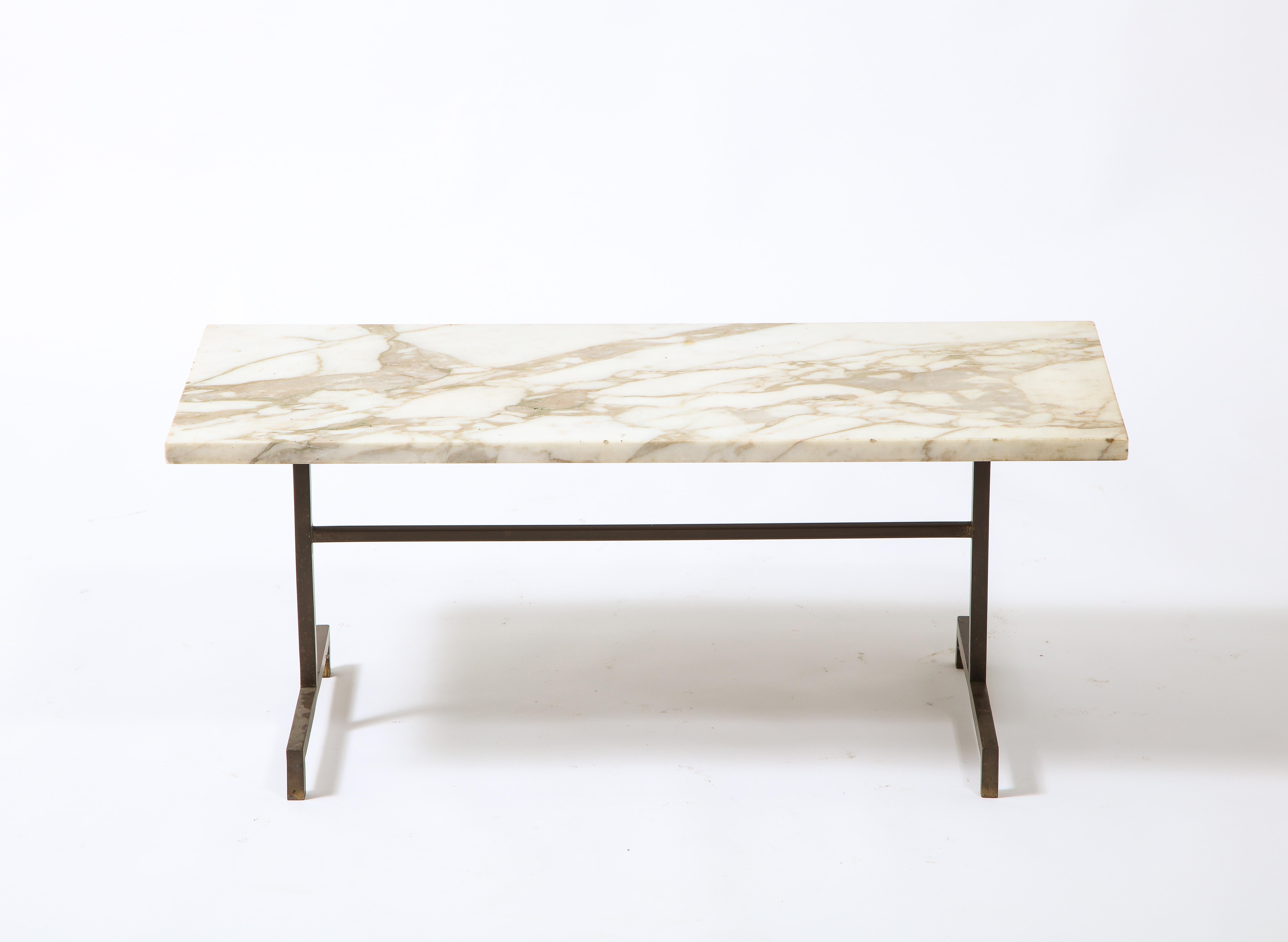 Simple Modernist Duplantier Style Marble & Brass End Table, France 1950's For Sale 3