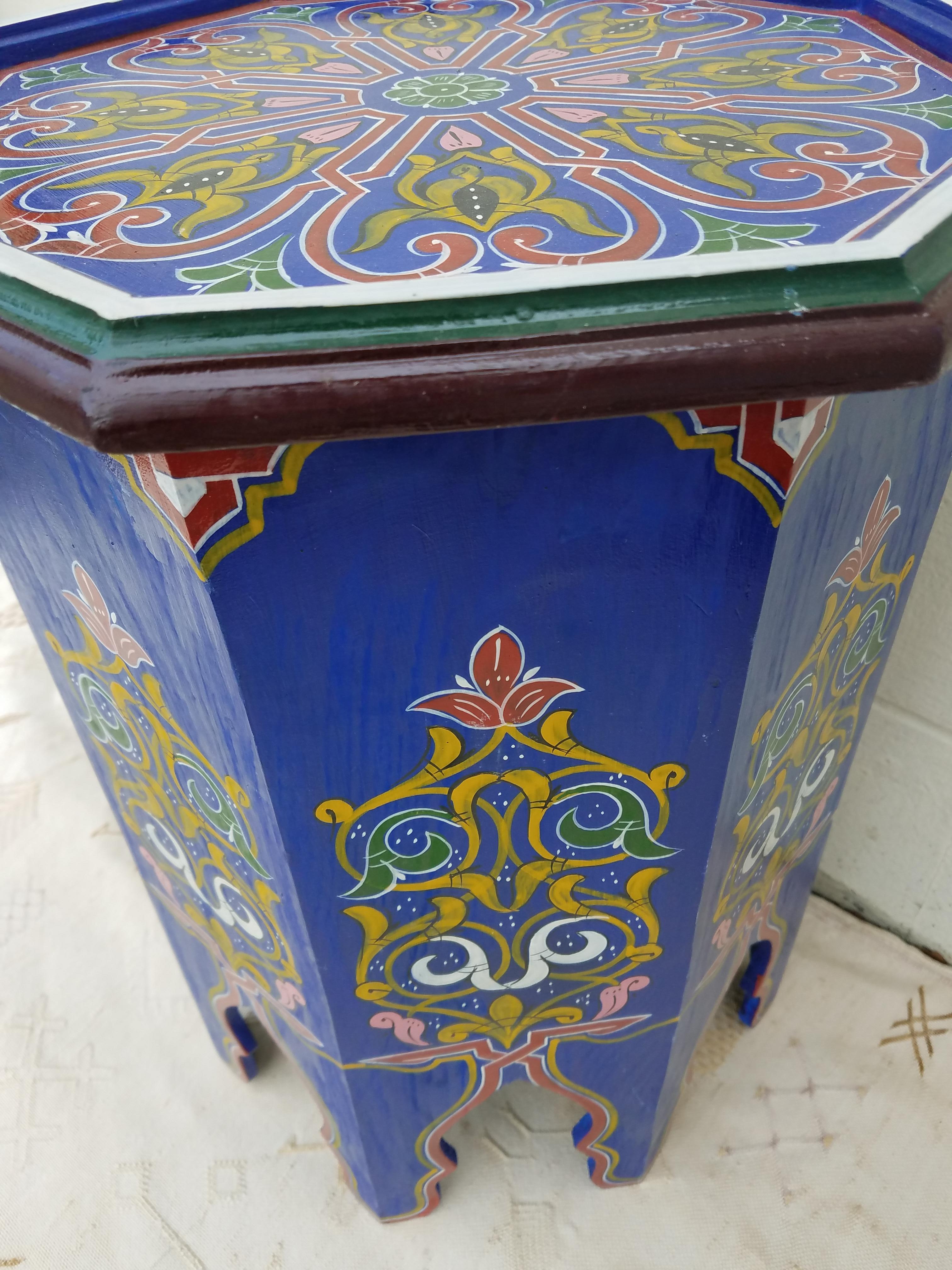 Contemporary Simple Moroccan Hexagonal Wooden End Table, Blue For Sale