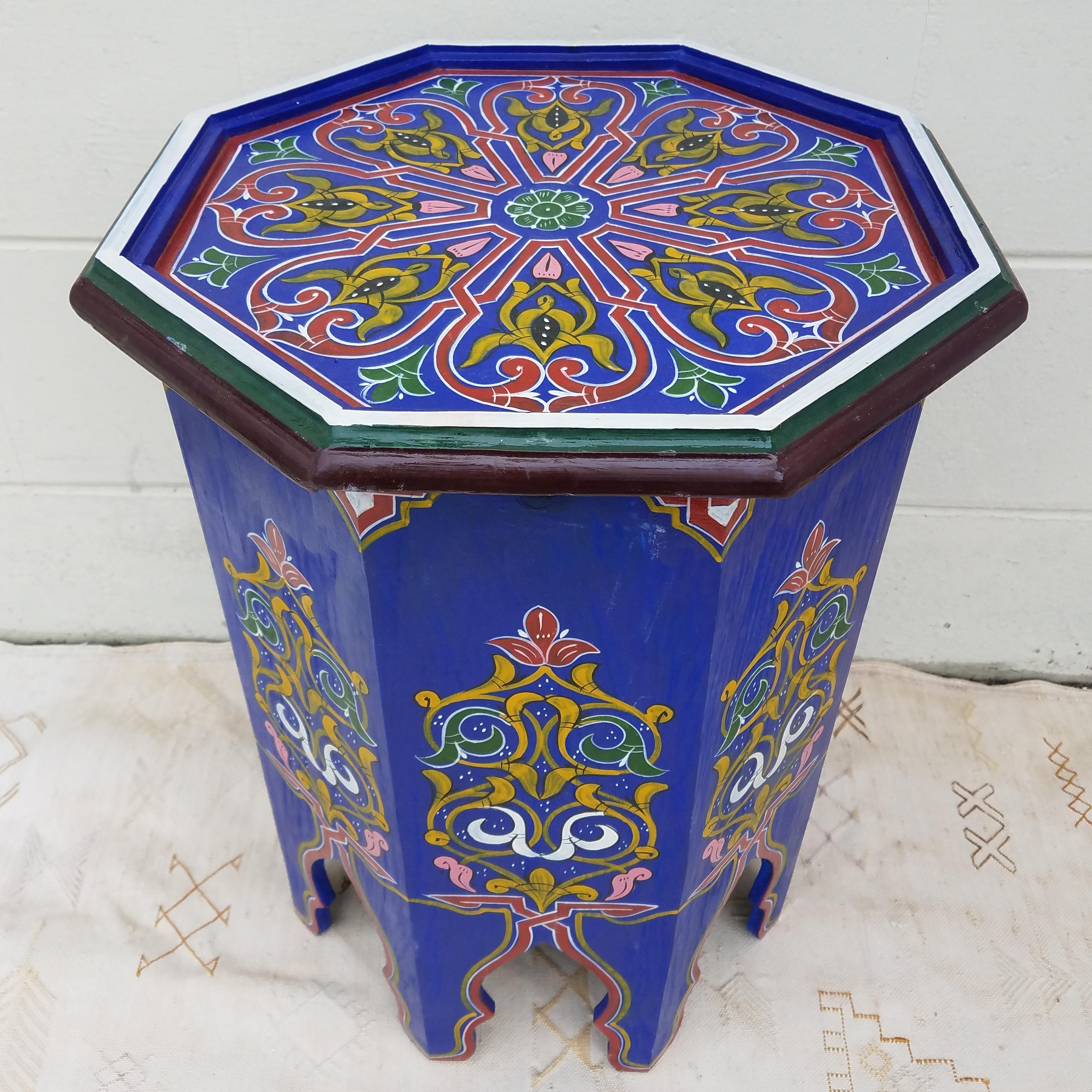 Simple Moroccan Hexagonal Wooden End Table, Blue For Sale 1