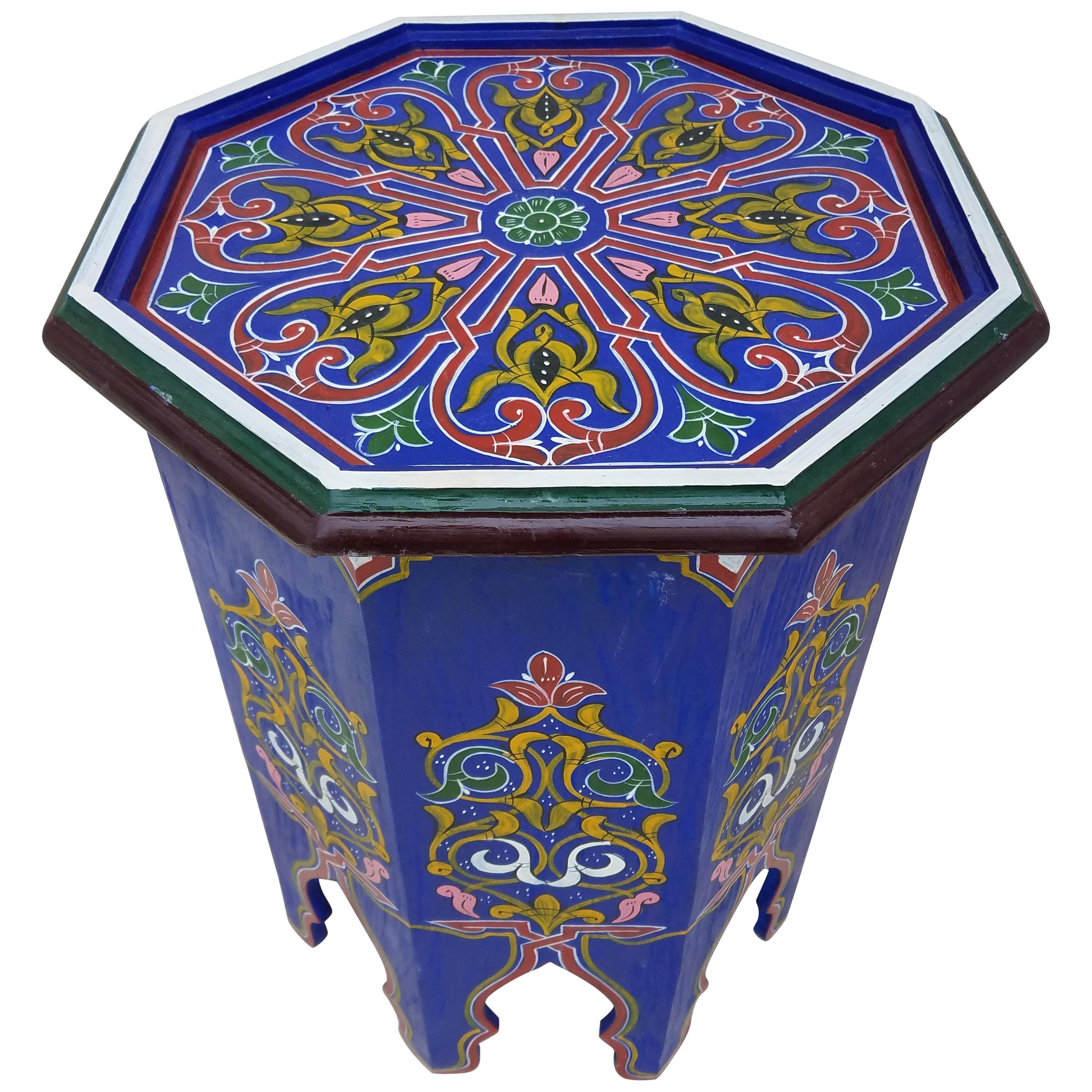 Simple Moroccan Hexagonal Wooden End Table, Blue For Sale