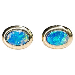 Simple Oval Australian Doublet Opal Stud Earrings 14k Yellow Gold