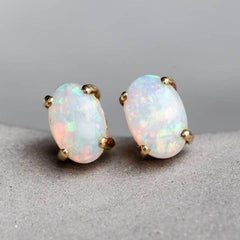Simple Oval Natural Australian Solid Opal Stud Earrings 14K Yellow Gold
