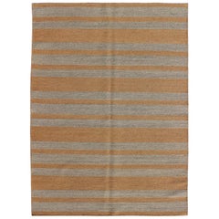 Simple Striped Brown and Gray Kilim with Various Size Stripes