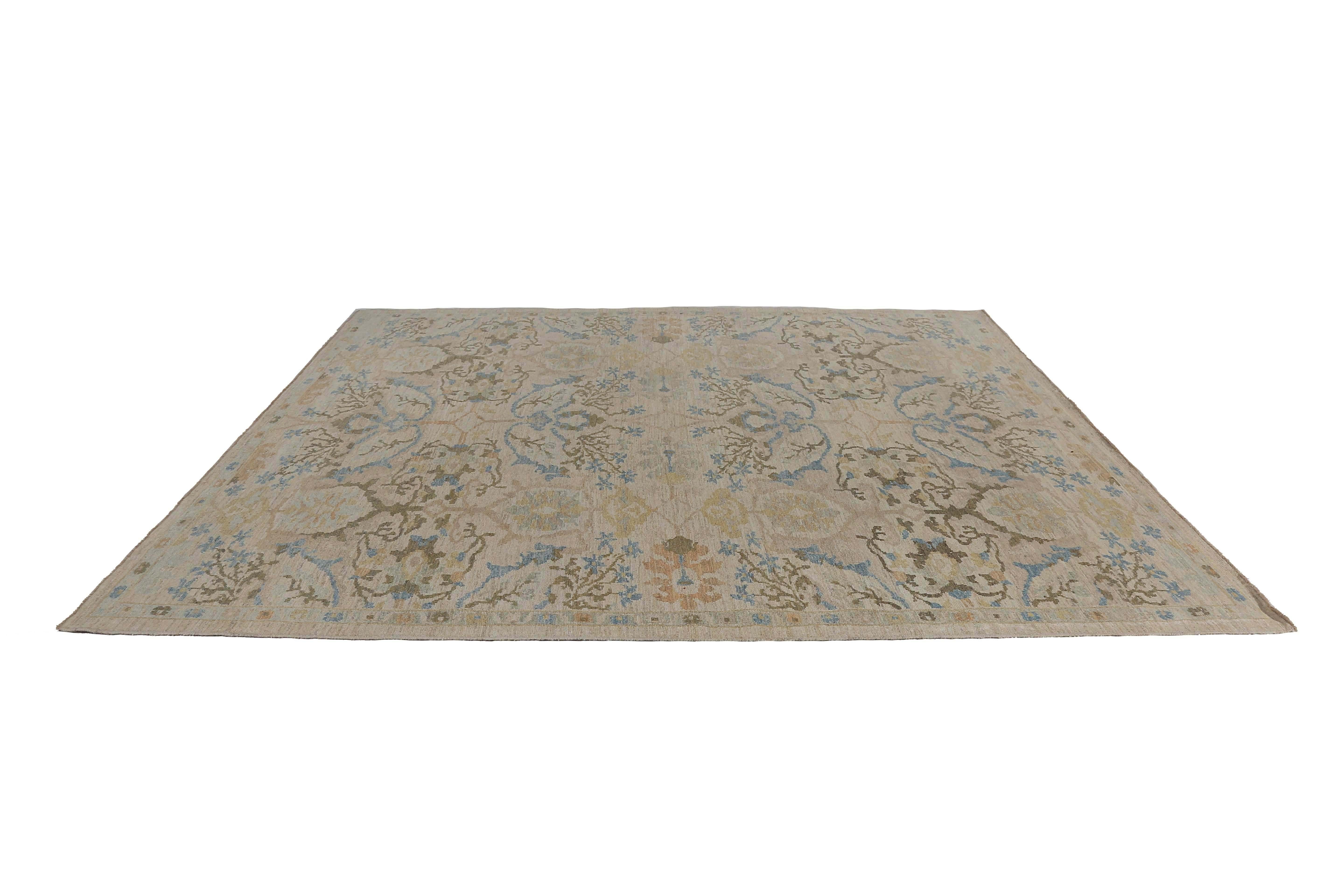Afghanistan Sultanabad Area Rugs Circa 1990 - Wool Blue Brown Yellow - 95588 In Excellent Condition For Sale In Dallas, TX