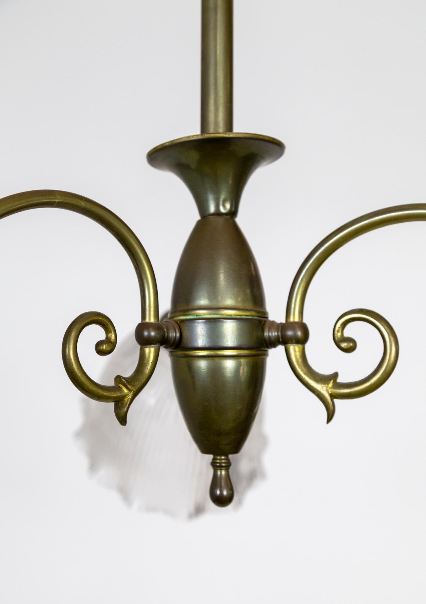 Late Victorian Simple Victorian Brass Chandelier w/ Ruffled Holophane Glass Shades For Sale