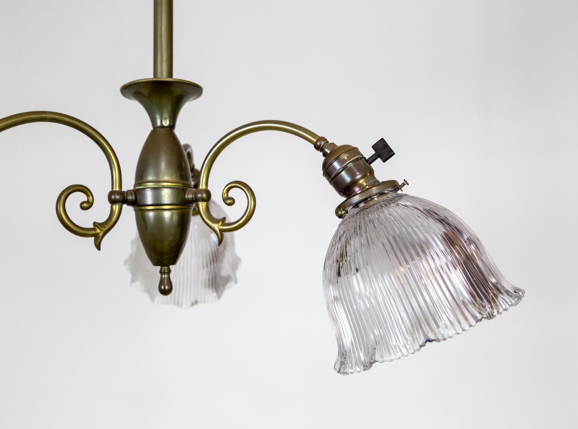 Simple Victorian Brass Chandelier w/ Ruffled Holophane Glass Shades In Good Condition For Sale In San Francisco, CA