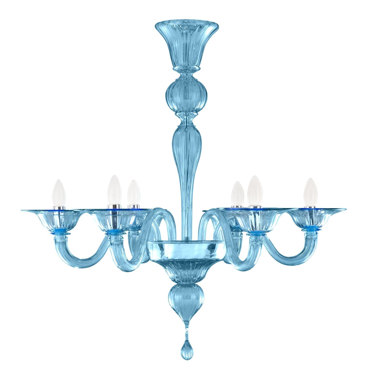 21st Century Chandelier, 6 arms Light Blue Murano Glass by Multiforme