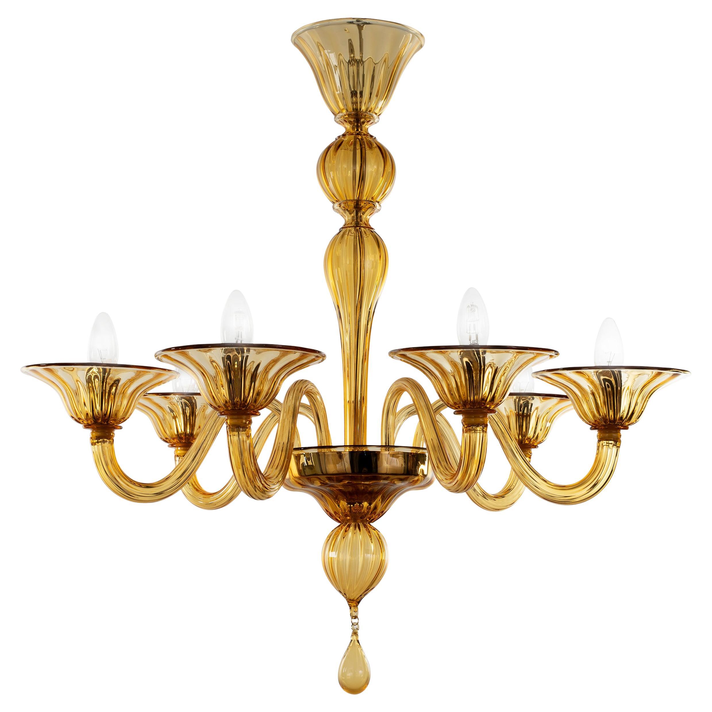 Simplicissimus Chandelier, 6 Arms Amber Murano Glass by Multiforme
