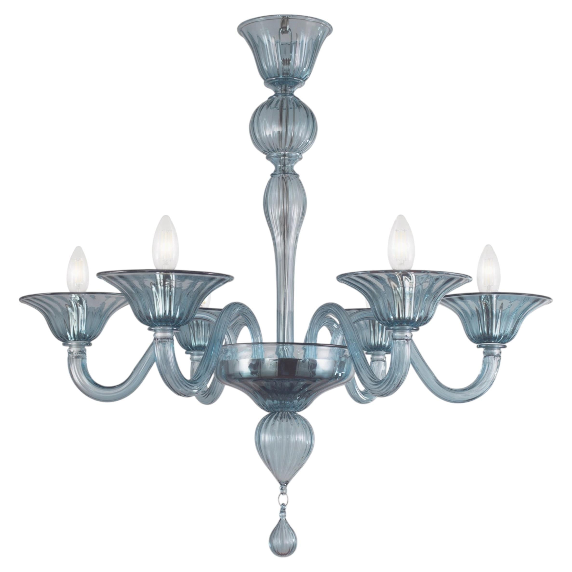 Simplicissimus Chandelier, 6 Arms Denim Blue Murano Glass by Multiforme