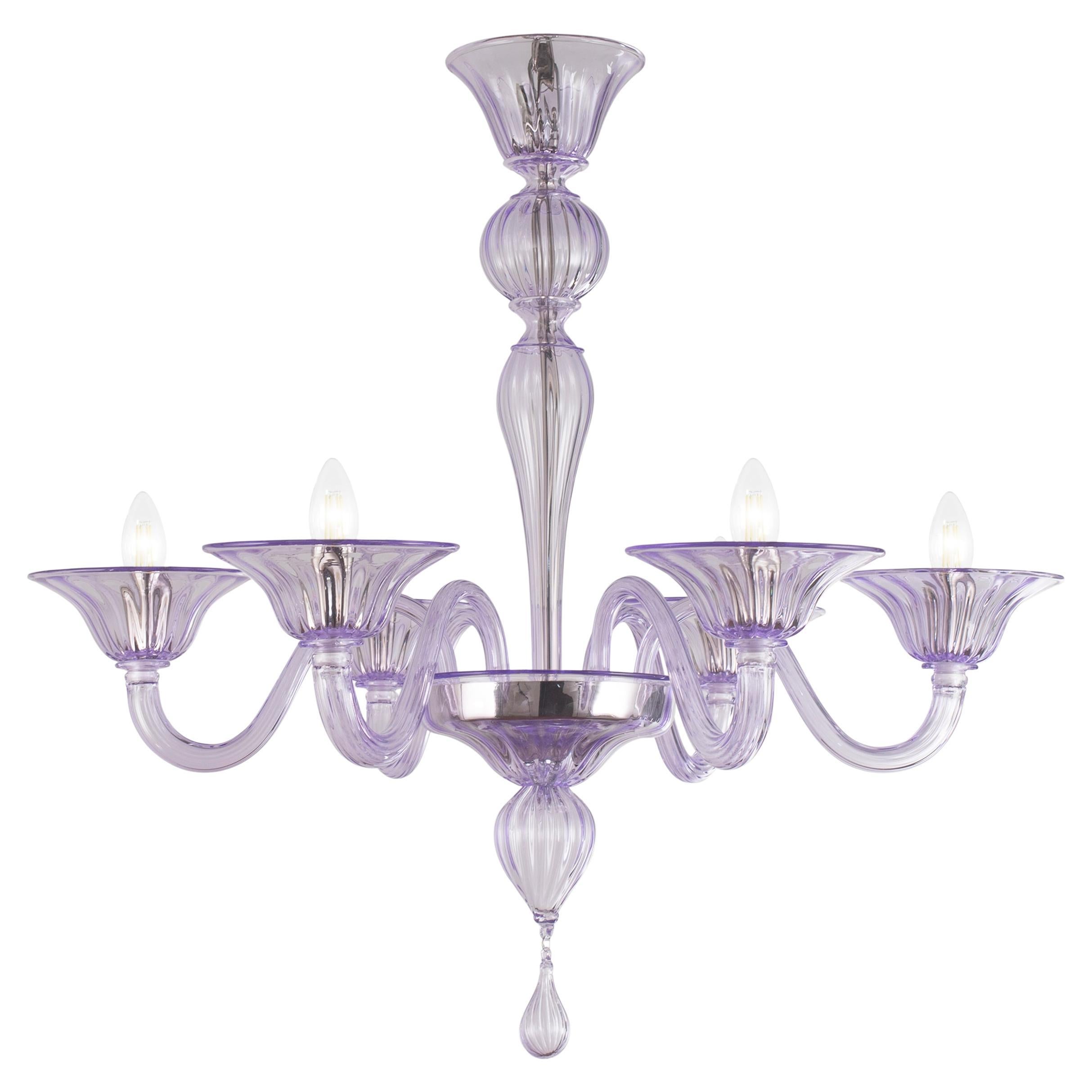 Simplicissimus Chandelier 6 Arms light lilac Murano Glass by Multiforme in Stock