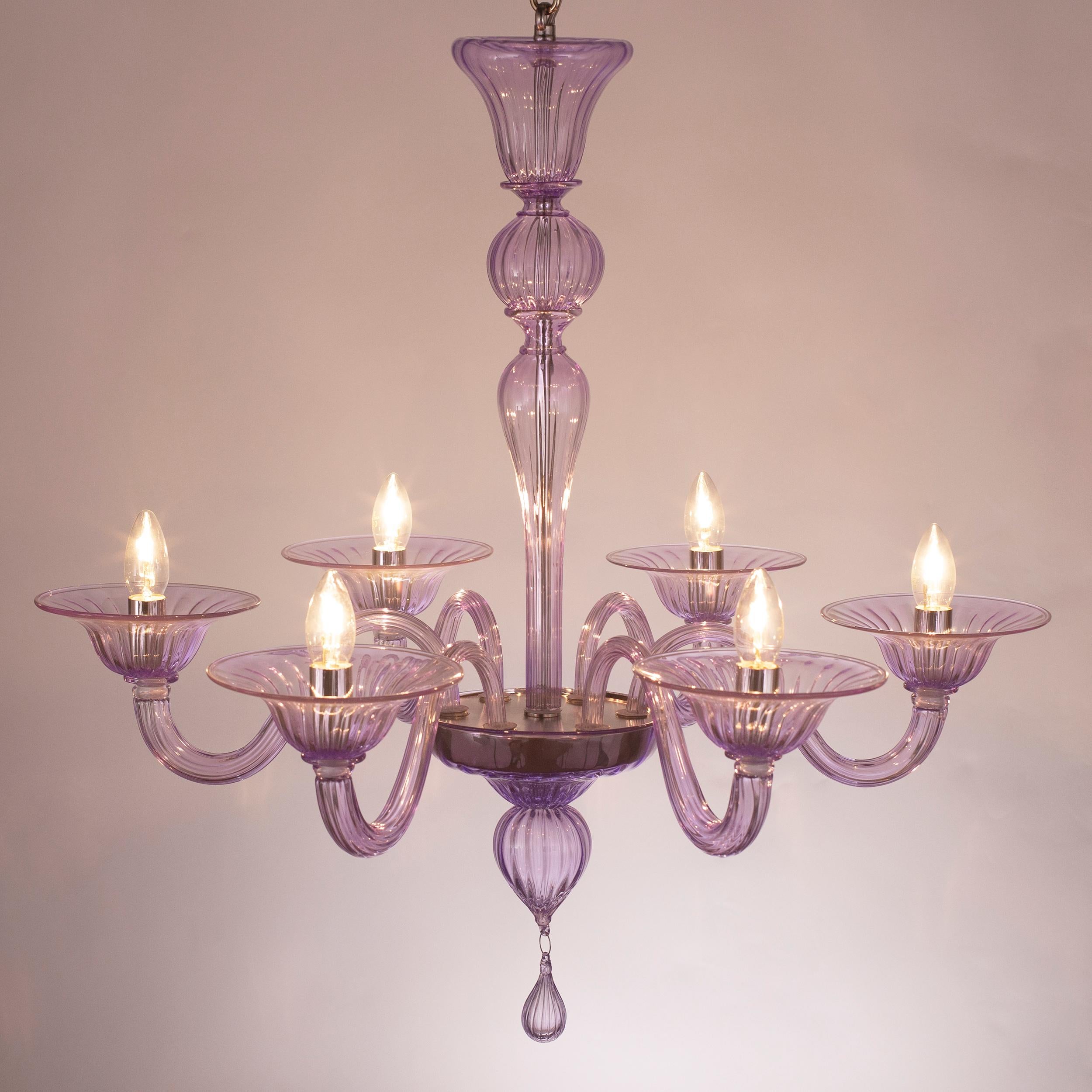 Italian Simplicissimus Chandelier, 6 Arms lilac Murano Glass by Multiforme For Sale